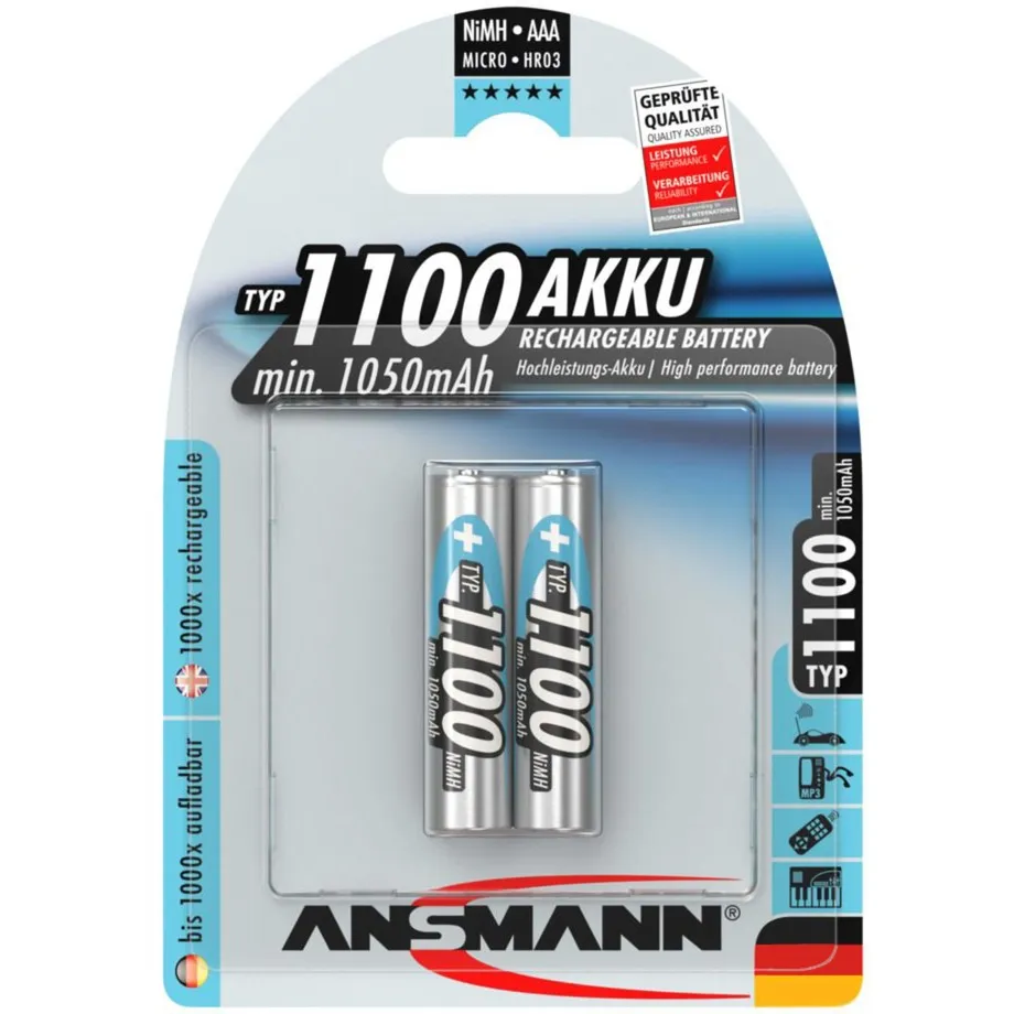 1x2 NiMH 1100 mAh Micro / AAA / HR03 Mini Stilo AAA Nichel-Metallo Idruro (NiMH), Batteria - immagine 1