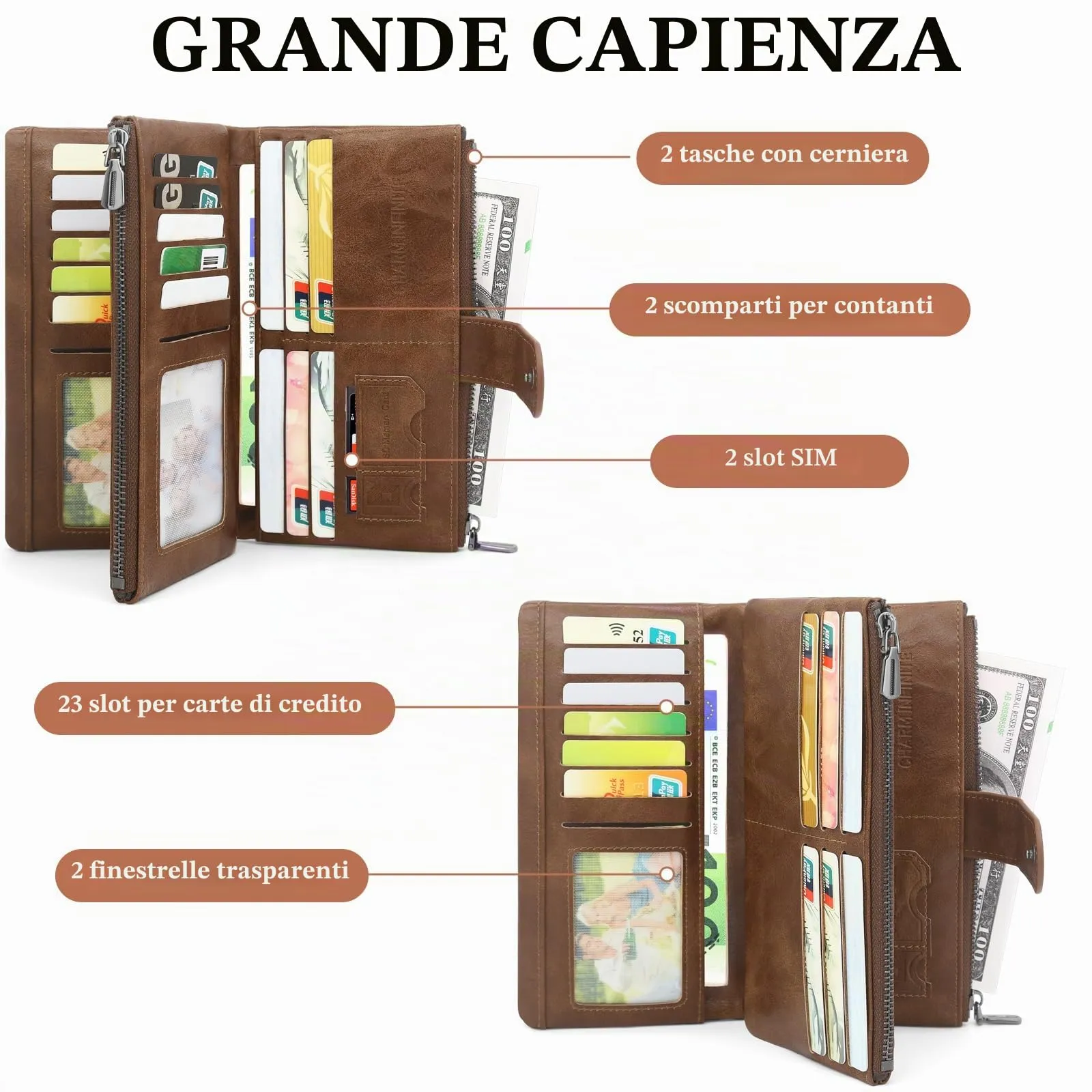 REETEE Portafoglio Donna Grande Portafoglio in Pelle PU Blocco RFID Lungo Portafogli da Donna Cerniera Grand Portamonete e 23 Porta Credito Carte Molti Scomparti (caffè) - immagine 2