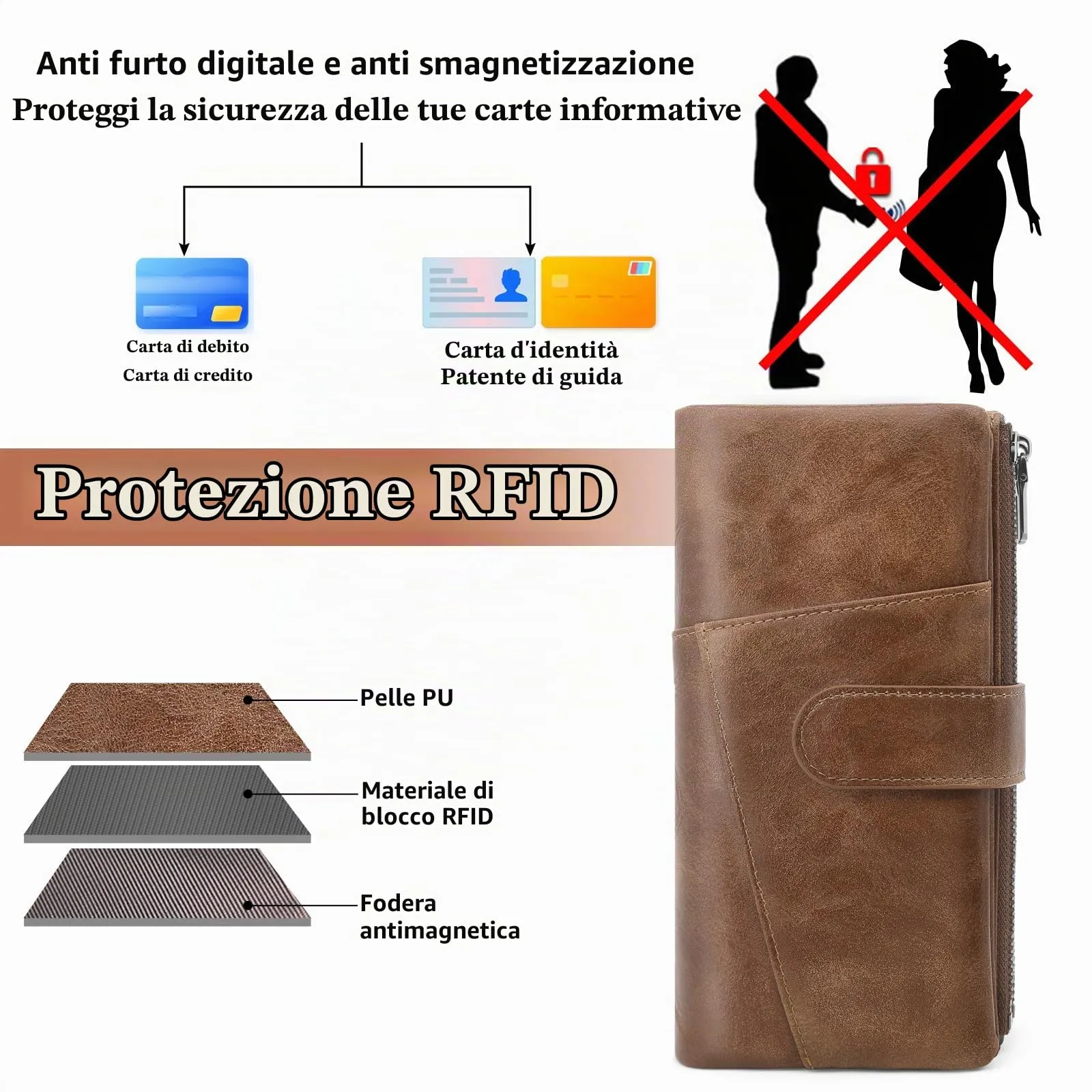 REETEE Portafoglio Donna Grande Portafoglio in Pelle PU Blocco RFID Lungo Portafogli da Donna Cerniera Grand Portamonete e 23 Porta Credito Carte Molti Scomparti (caffè) - immagine 3