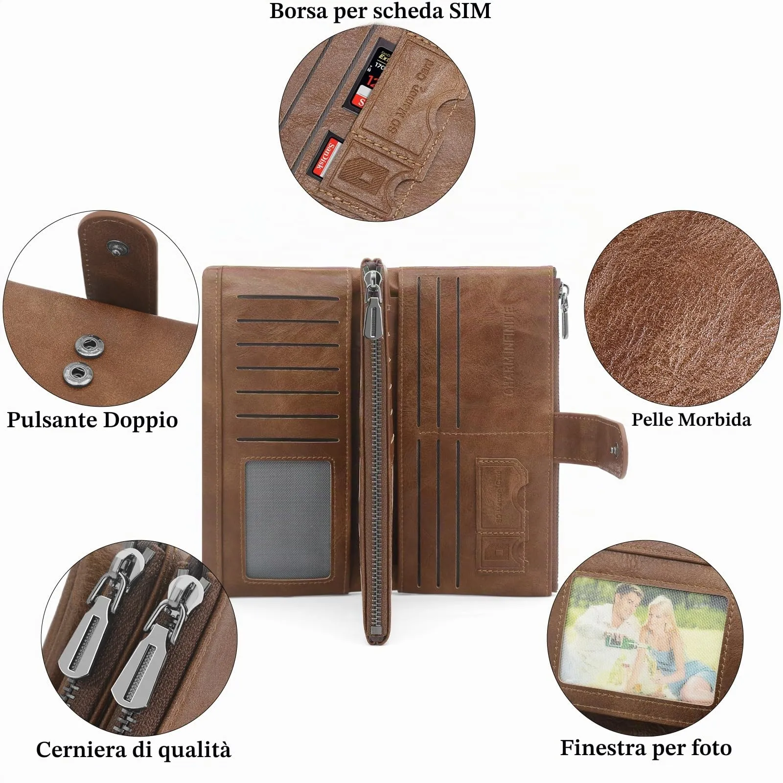 REETEE Portafoglio Donna Grande Portafoglio in Pelle PU Blocco RFID Lungo Portafogli da Donna Cerniera Grand Portamonete e 23 Porta Credito Carte Molti Scomparti (caffè) - immagine 4