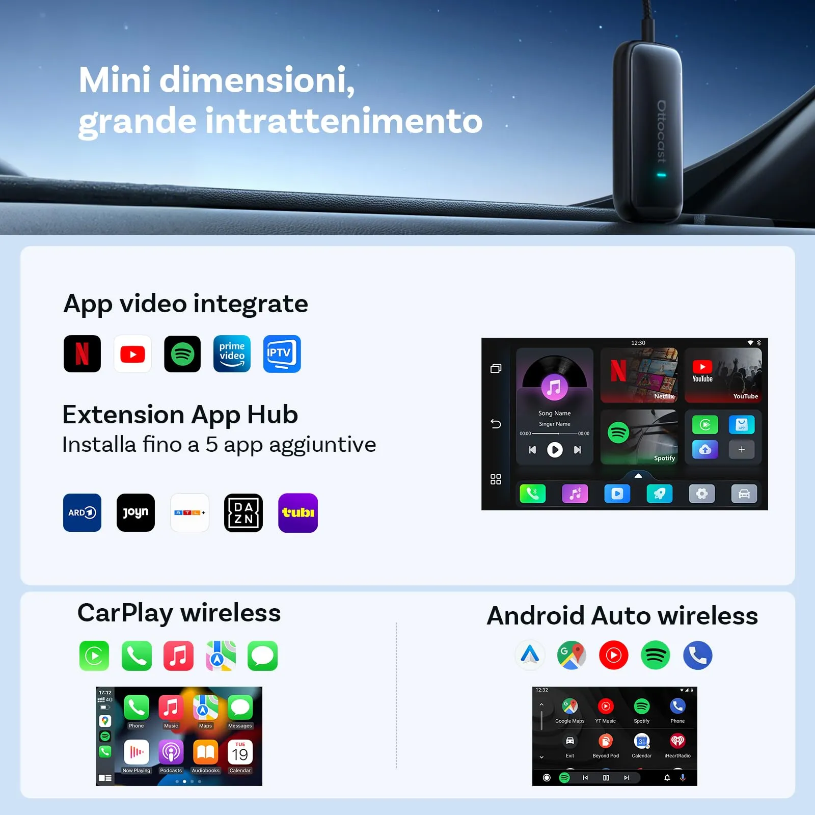 OTTOCAST Play2Video Ultra 2026 AI Box, Adattatore CarPlay Wireless e Android Auto, YouTube Prime Video Spotify, WiFi 6, 4GB+32GB, Plug & Play per Auto con CarPlay Cablato dal 2016 - immagine 2