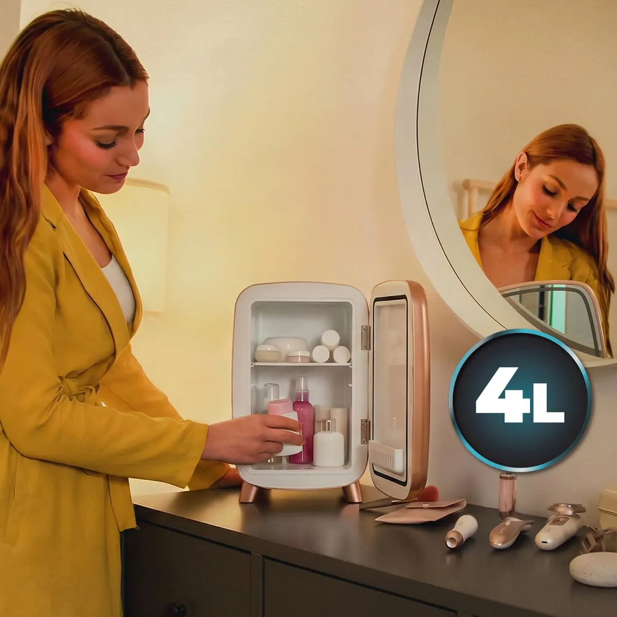 Cecotec Frigorifero Cosmetici 4L CoolingBeauty 4000 Mirror Rose.Con Specchio, Luce LED 3 Intensita, Raffreddamento fino 5°C, Maniglia Superiore, Basso Rumore, Ripiano Interno, Cosmetici Sempre Freschi - immagine 3