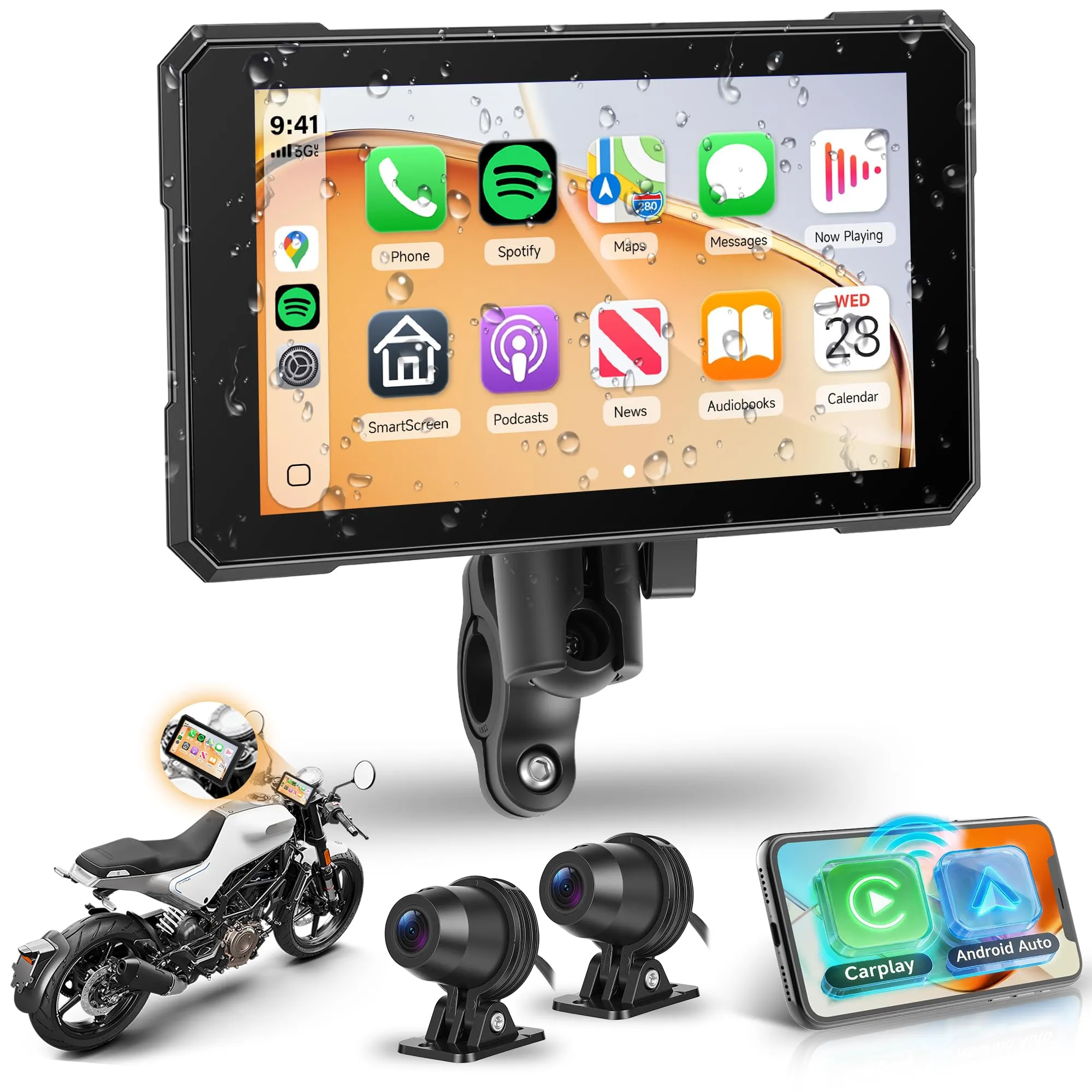 Rimoody Portatile Wireless Carplay Display Motociclo con Dashcam 2 Telecamera Fronte e Retro, 5 Pollici Touchscreen Carplay Android Auto Schermo per Motorbike con App/Bluetooth/IP68 étanche/GPS Navi - immagine 1