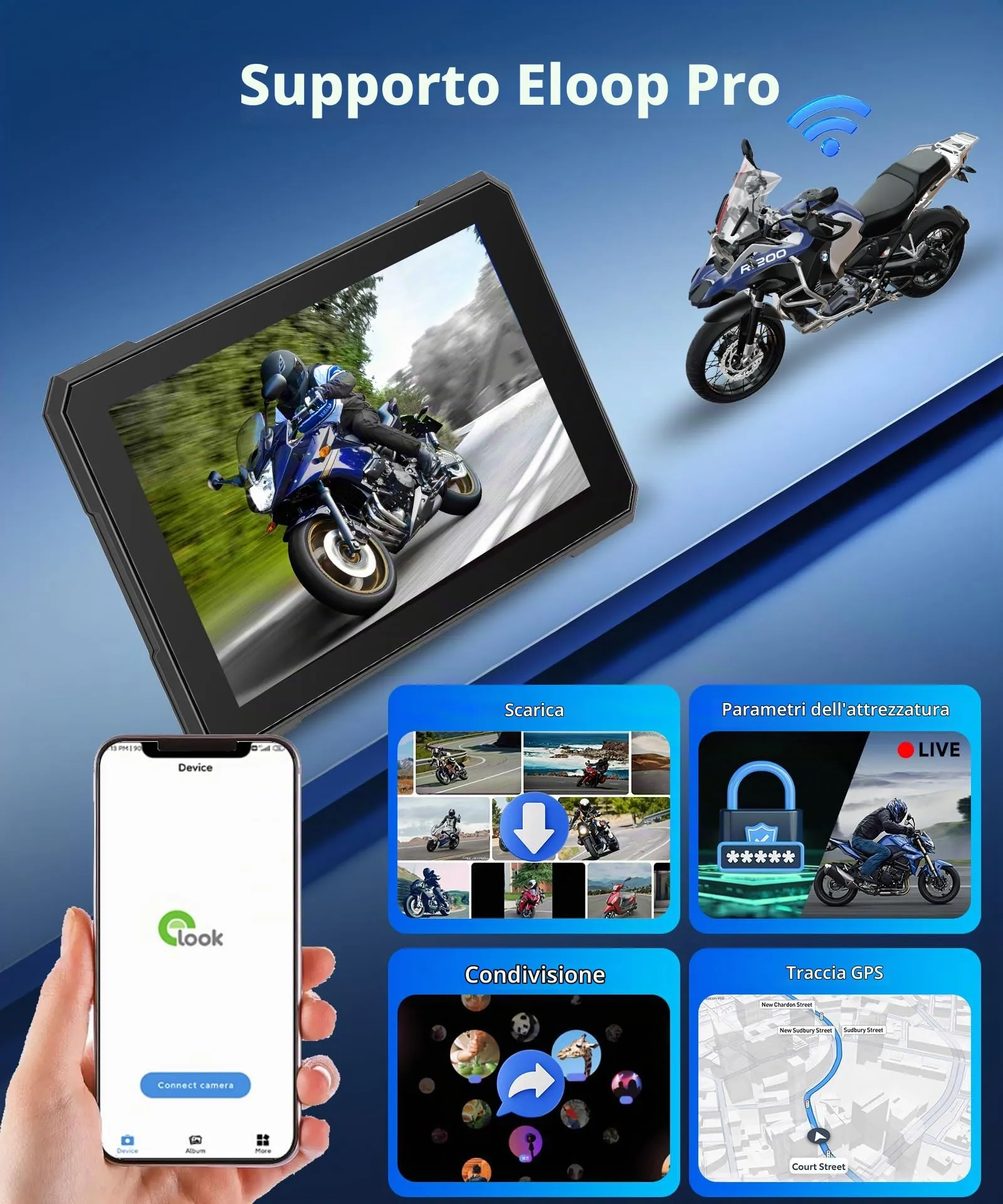 Rimoody Portatile Wireless Carplay Display Motociclo con Dashcam 2 Telecamera Fronte e Retro, 5 Pollici Touchscreen Carplay Android Auto Schermo per Motorbike con App/Bluetooth/IP68 étanche/GPS Navi - immagine 3