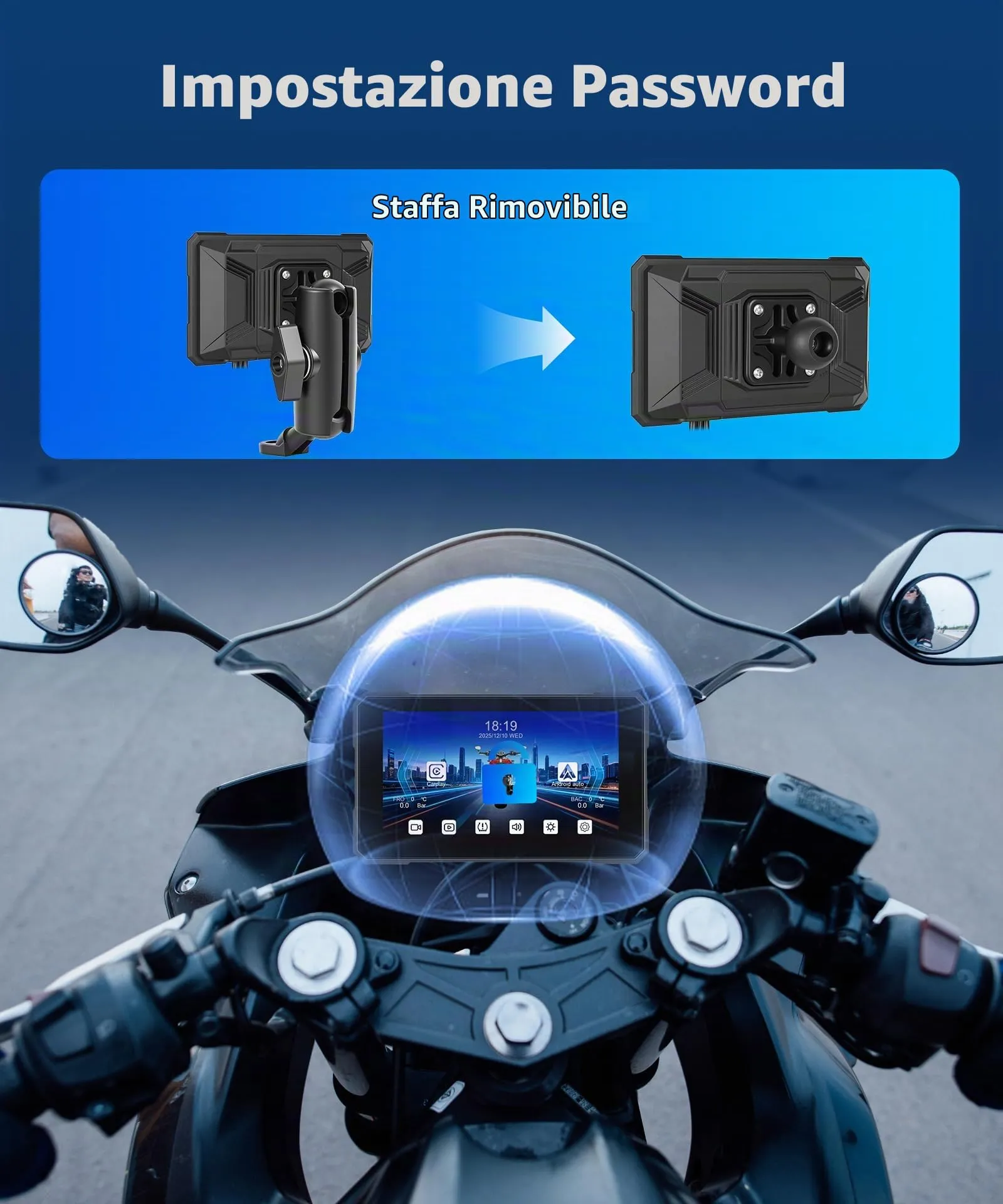 Rimoody Portatile Wireless Carplay Display Motociclo con Dashcam 2 Telecamera Fronte e Retro, 5 Pollici Touchscreen Carplay Android Auto Schermo per Motorbike con App/Bluetooth/IP68 étanche/GPS Navi - immagine 8
