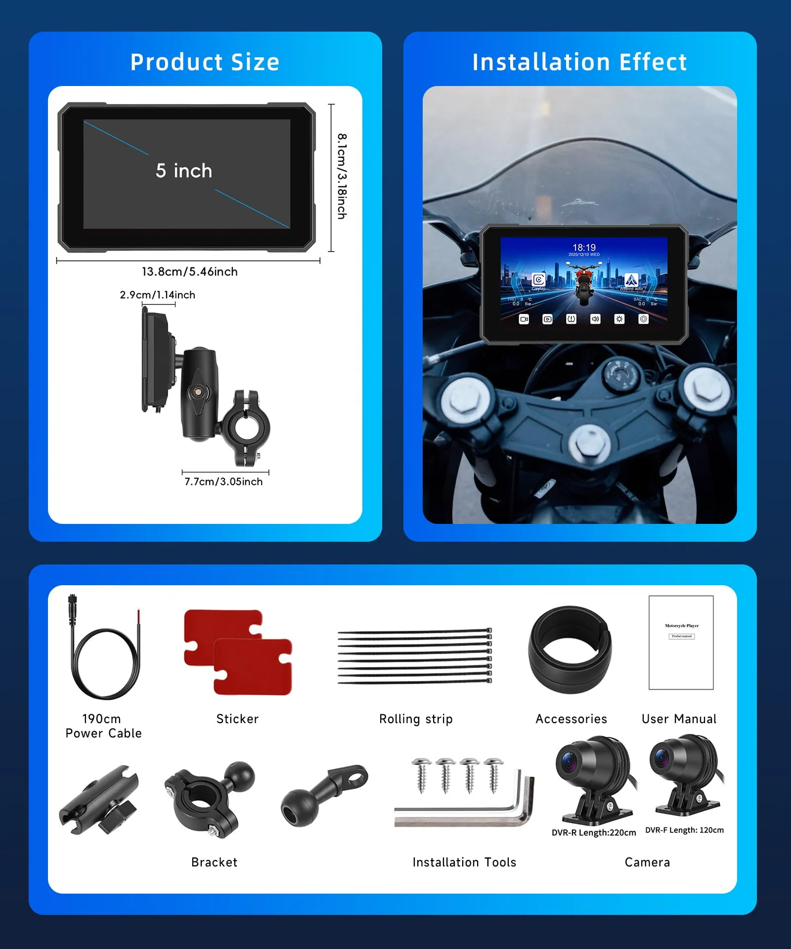 Rimoody Portatile Wireless Carplay Display Motociclo con Dashcam 2 Telecamera Fronte e Retro, 5 Pollici Touchscreen Carplay Android Auto Schermo per Motorbike con App/Bluetooth/IP68 étanche/GPS Navi - immagine 9