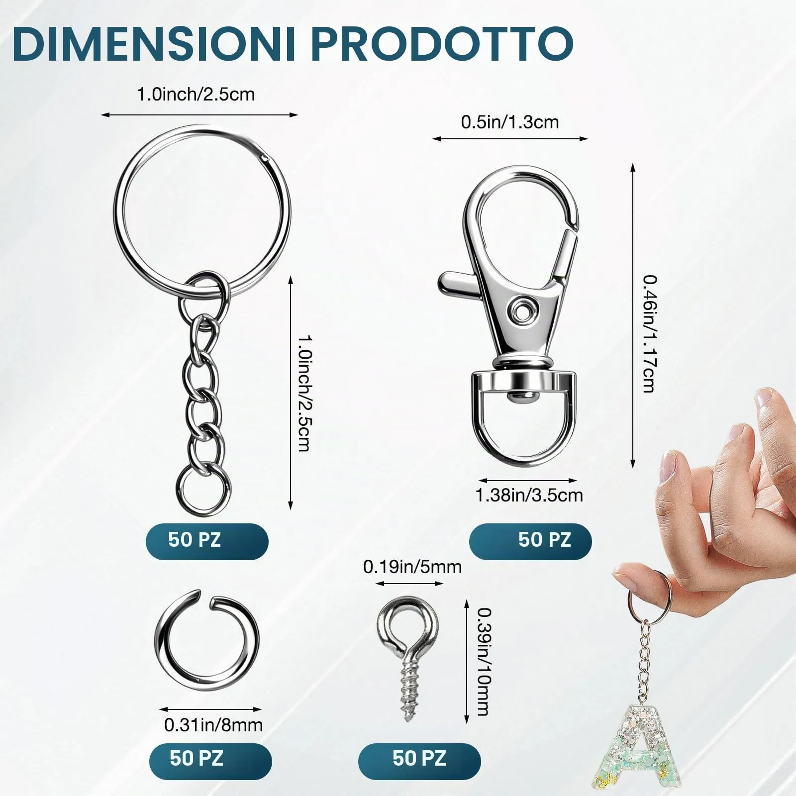 VINATO 150 Pezzi Set Anelli Portachiavi Alliaggio di Zinco, con Catenella Anelli Aperti Moschettoni Girevoli, Keychain kit Moschettone Portachiavi per Fai da te Mestieri Artigianato (Argento) - immagine 2
