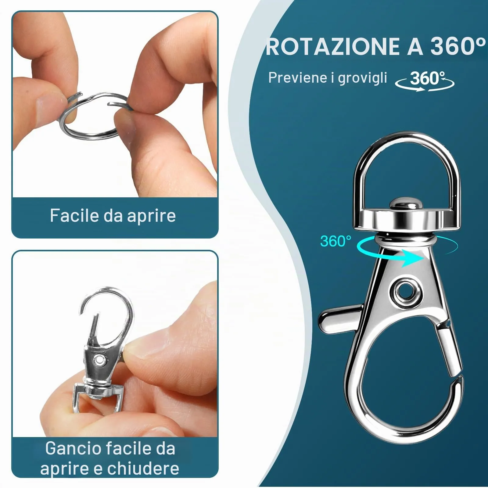 VINATO 150 Pezzi Set Anelli Portachiavi Alliaggio di Zinco, con Catenella Anelli Aperti Moschettoni Girevoli, Keychain kit Moschettone Portachiavi per Fai da te Mestieri Artigianato (Argento) - immagine 3