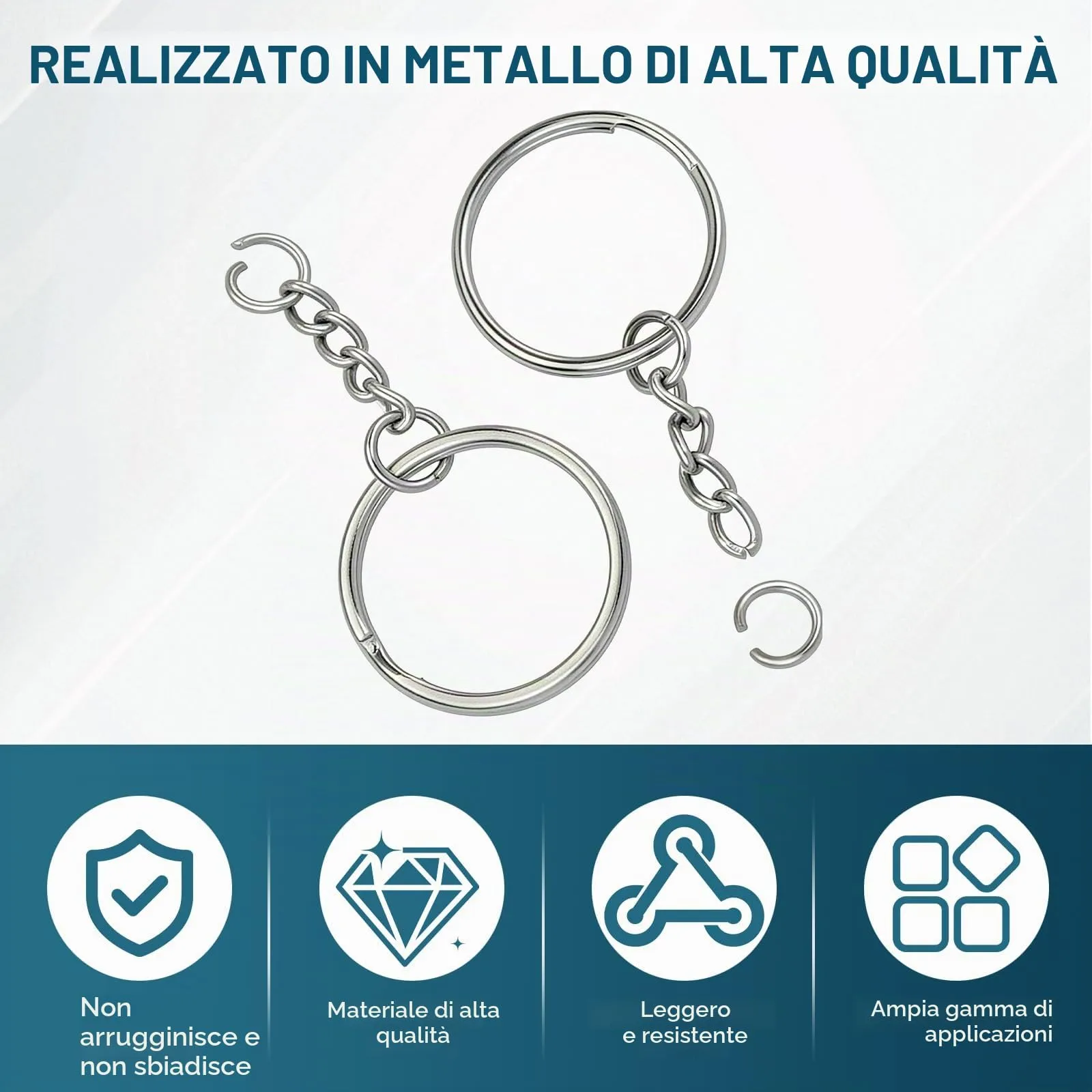 VINATO 150 Pezzi Set Anelli Portachiavi Alliaggio di Zinco, con Catenella Anelli Aperti Moschettoni Girevoli, Keychain kit Moschettone Portachiavi per Fai da te Mestieri Artigianato (Argento) - immagine 4
