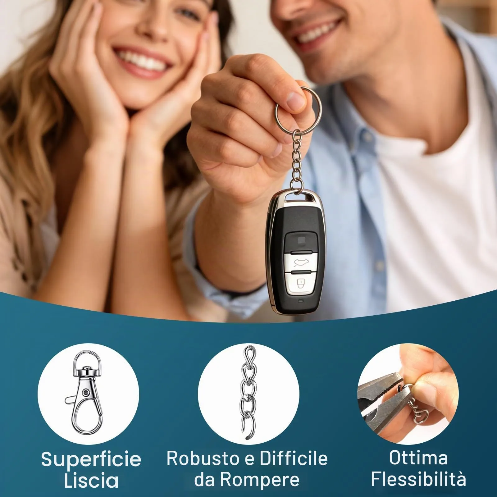 VINATO 150 Pezzi Set Anelli Portachiavi Alliaggio di Zinco, con Catenella Anelli Aperti Moschettoni Girevoli, Keychain kit Moschettone Portachiavi per Fai da te Mestieri Artigianato (Argento) - immagine 5