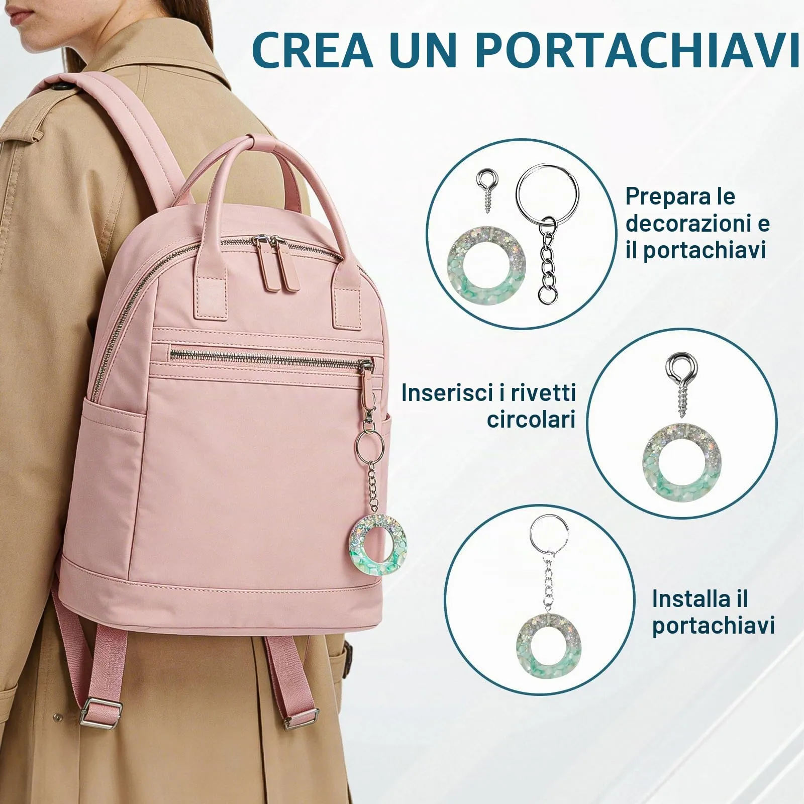 VINATO 150 Pezzi Set Anelli Portachiavi Alliaggio di Zinco, con Catenella Anelli Aperti Moschettoni Girevoli, Keychain kit Moschettone Portachiavi per Fai da te Mestieri Artigianato (Argento) - immagine 6