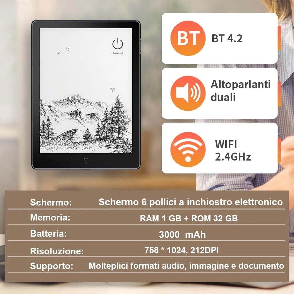 Veidoo - Lettore eBook da 6 pollici con grande schermo E-Ink, 32GB ROM, 758 x 1024, 212 DPI, SMARTlight regolabile, lettore E-book Android, altoparlante integrato, tablet E-Ink con WiFi e cover (Nero) - immagine 2
