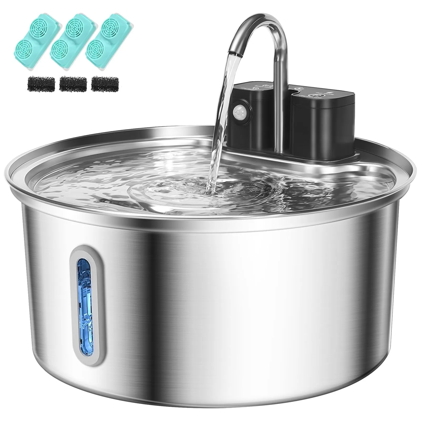 Fontanella per Gatti Senza Fili, Fontanella per Gatti in Acciaio Inox, Fontana per Gatti con Sensore di Movimento e 45 Giorni, Fontana per Gatti con Serbatoio Dell'acqua 3.2L- 3 Filtro+3 spugna - immagine 1