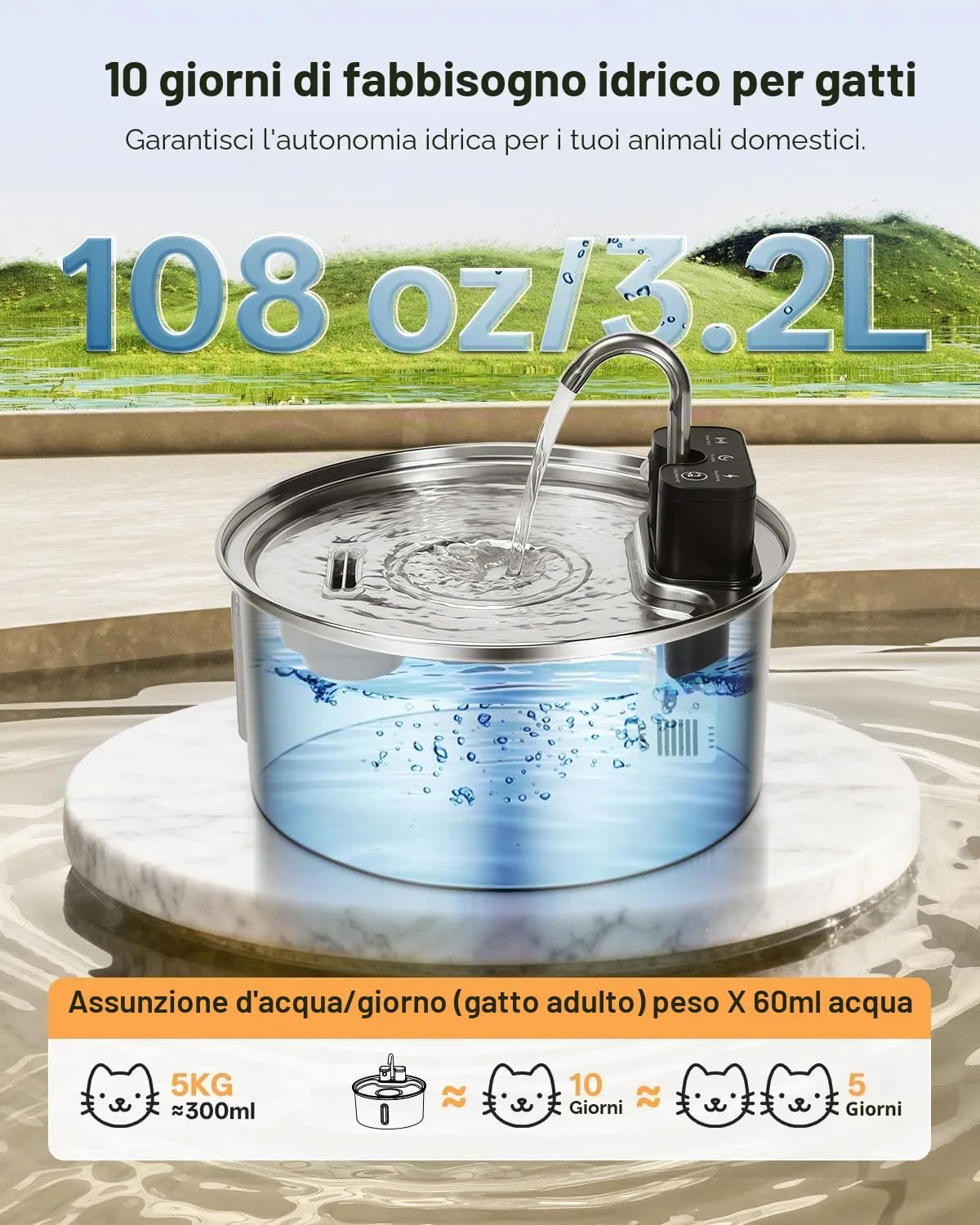 Fontanella per Gatti Senza Fili, Fontanella per Gatti in Acciaio Inox, Fontana per Gatti con Sensore di Movimento e 45 Giorni, Fontana per Gatti con Serbatoio Dell'acqua 3.2L- 3 Filtro+3 spugna - immagine 3