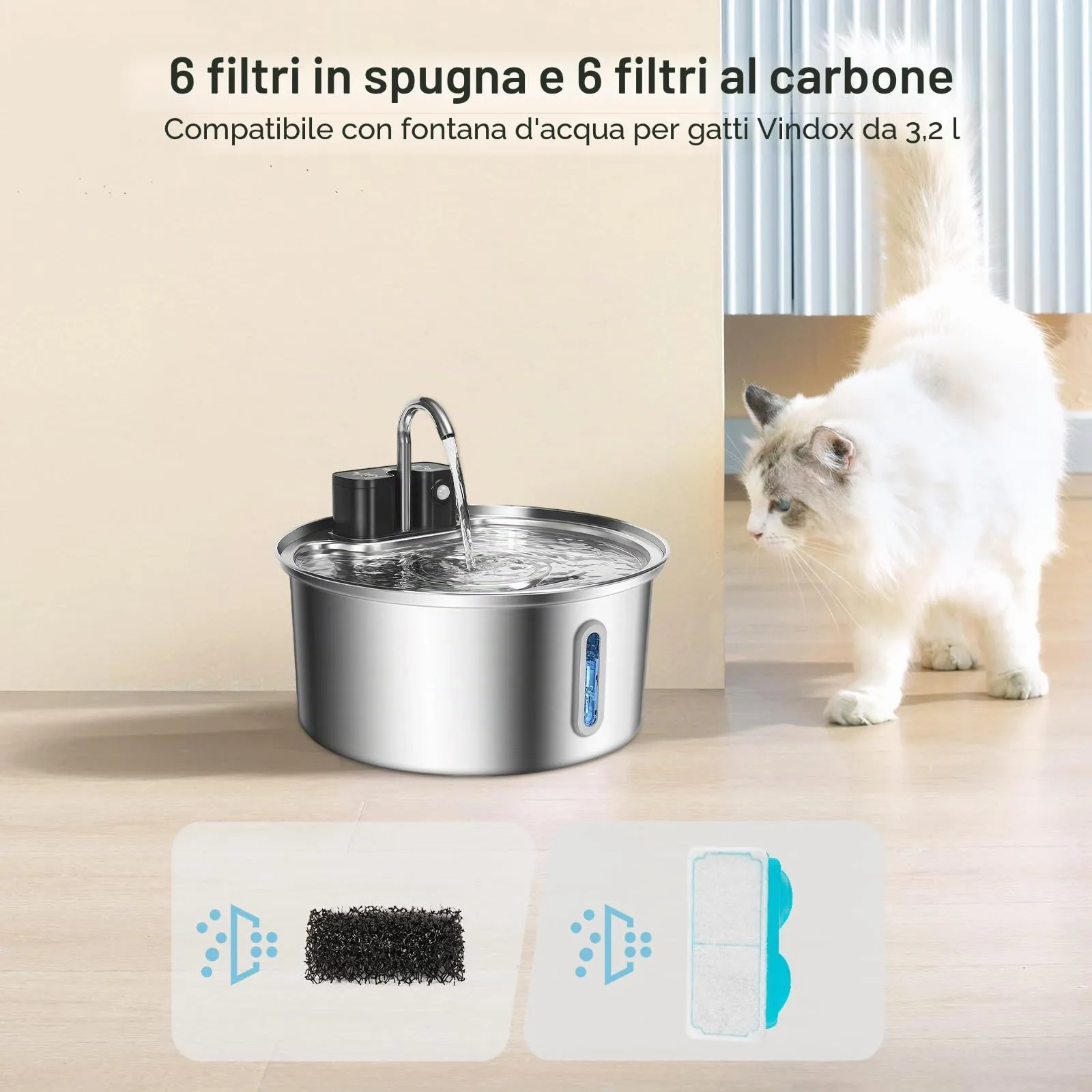 Filtri Fontana per Gatti, 12 Filtri per Fontana di Gatti, 6 Filtri di Rricambio e 6 Spugne compatibili con VinDox 3,2 l, Fontana per Gatti in Acciaio Inox Senza Fili - immagine 3