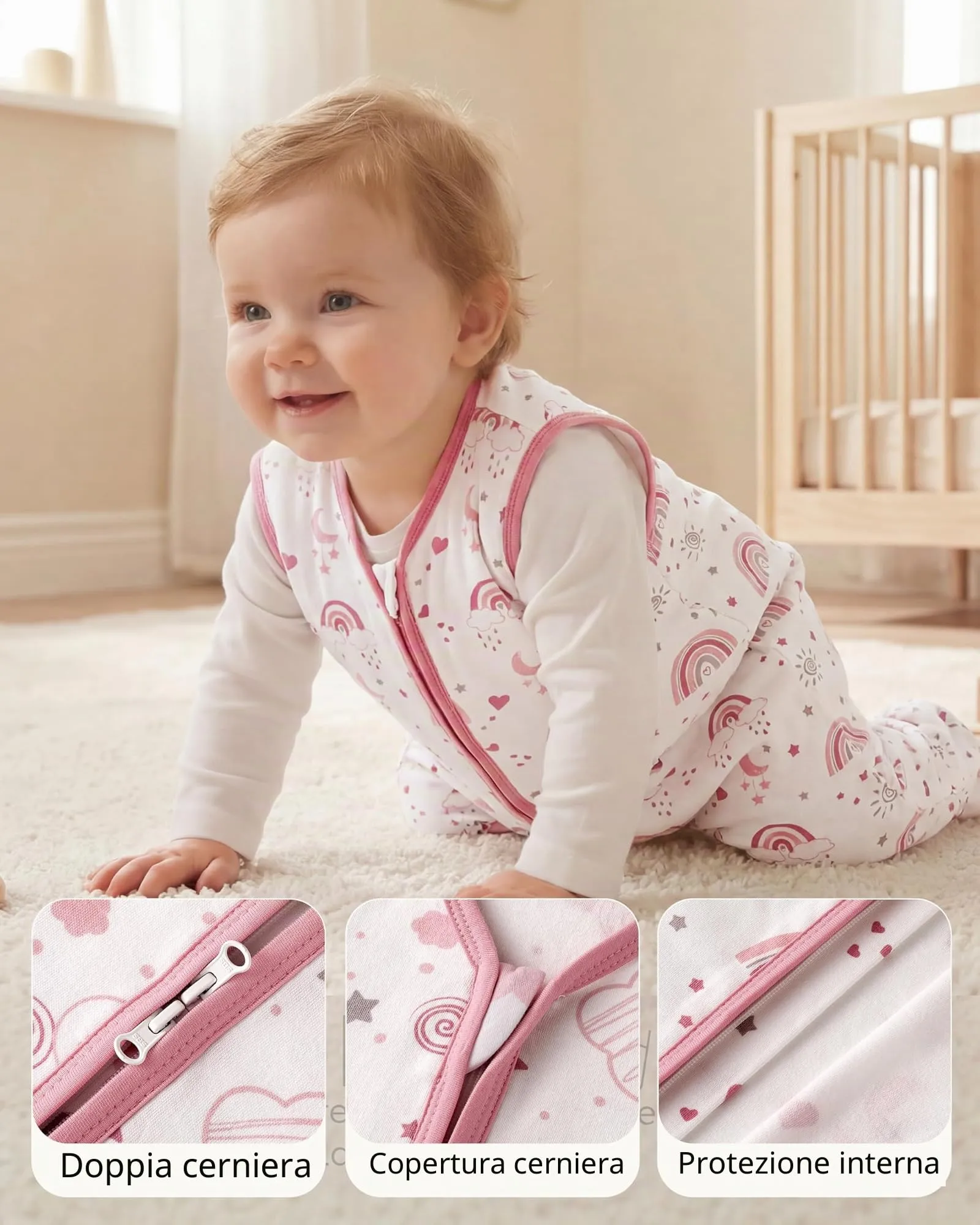 FIEMOL Sacco nanna 12-18 mesi 0,5 Tog Coperte indossabili in cotone, 3 pacchetti sacco nanna estivo traspirante per neonato 76-89cm Arcobaleno Rosa - immagine 4