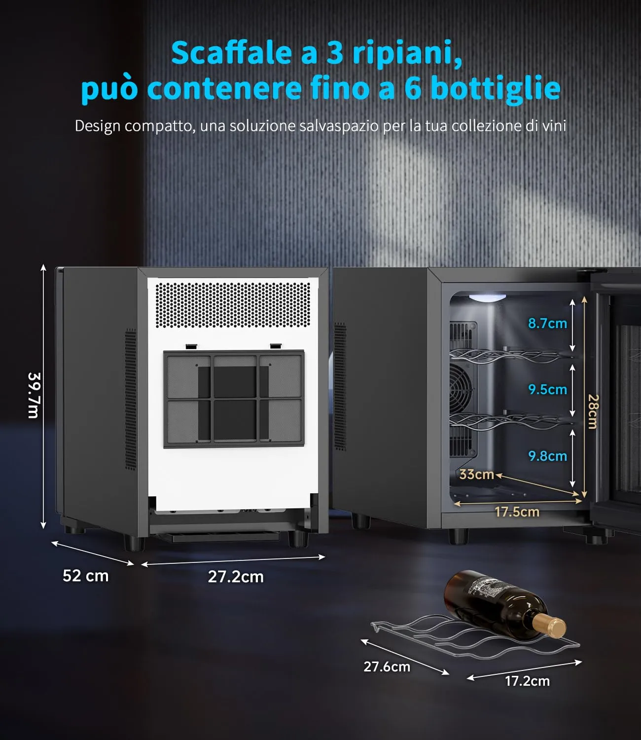 WIE Cantinetta Vino Piccola 6 Bottiglie - Mini Frigo con Porta in Vetro 5-18°C, Frigorifero per Vino con LED, Pannello Touch, 3 Livelli, <42 dB, per Casa, Bar, Camera - immagine 2