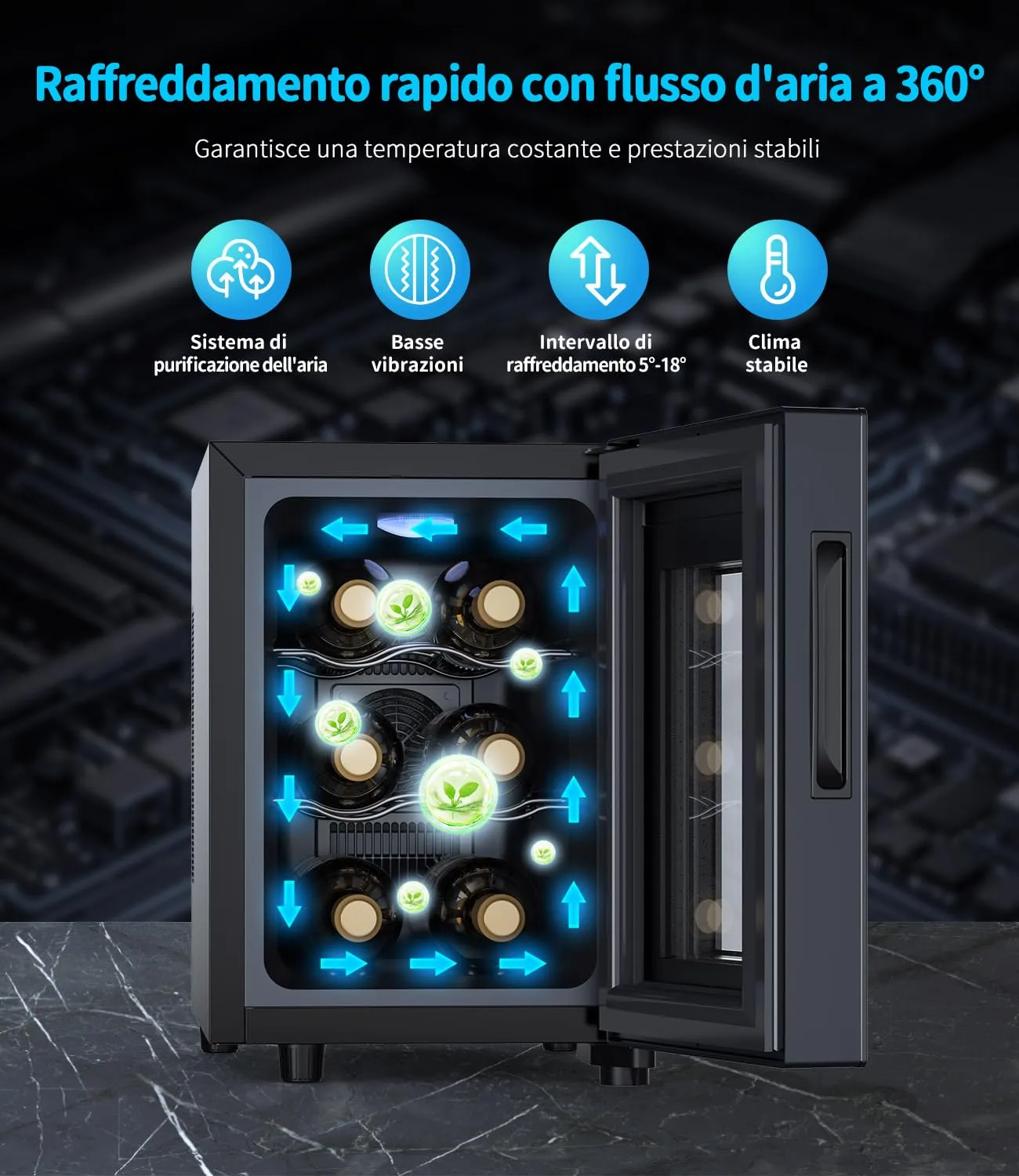 WIE Cantinetta Vino Piccola 6 Bottiglie - Mini Frigo con Porta in Vetro 5-18°C, Frigorifero per Vino con LED, Pannello Touch, 3 Livelli, <42 dB, per Casa, Bar, Camera - immagine 3