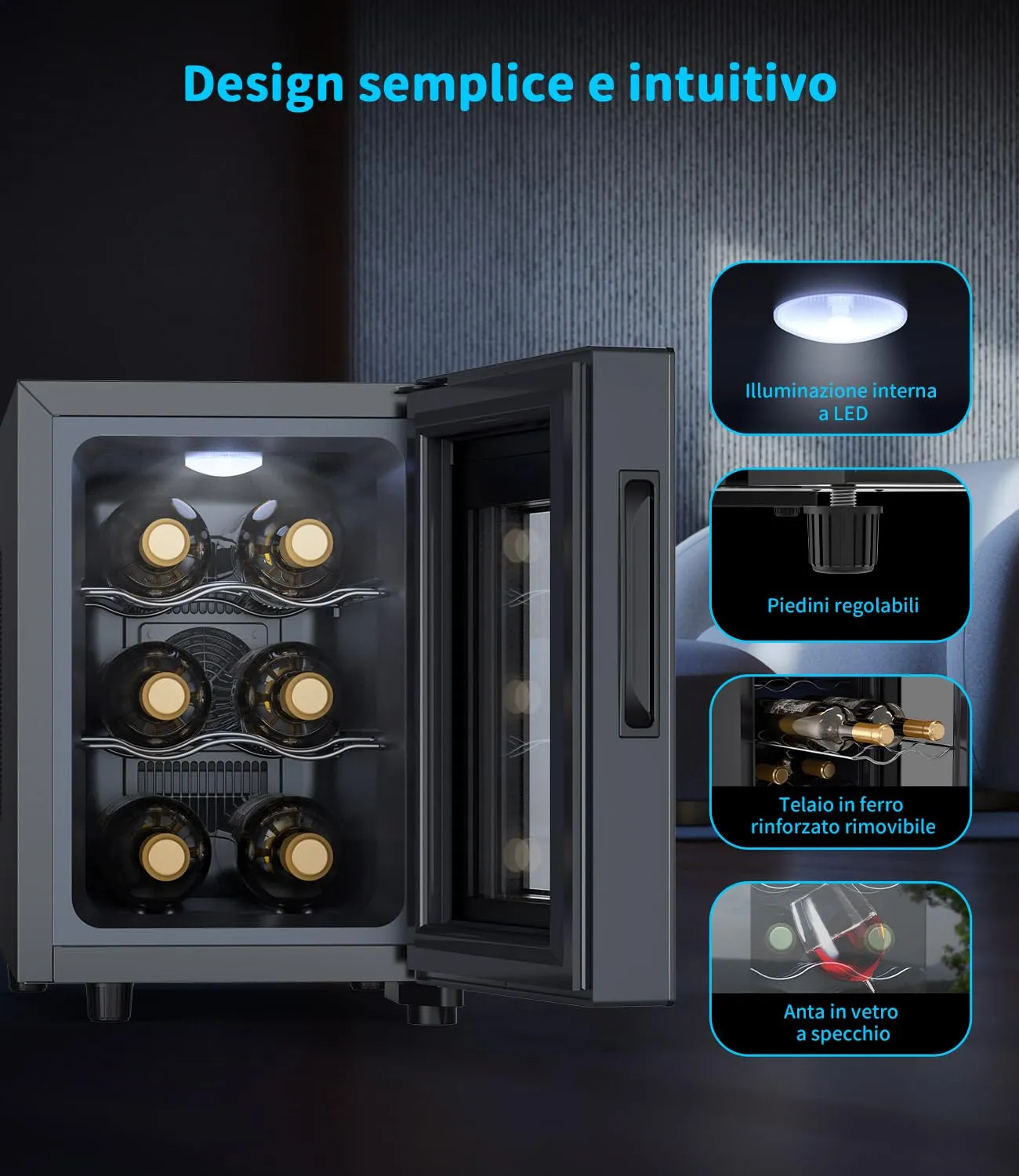 WIE Cantinetta Vino Piccola 6 Bottiglie - Mini Frigo con Porta in Vetro 5-18°C, Frigorifero per Vino con LED, Pannello Touch, 3 Livelli, <42 dB, per Casa, Bar, Camera - immagine 4