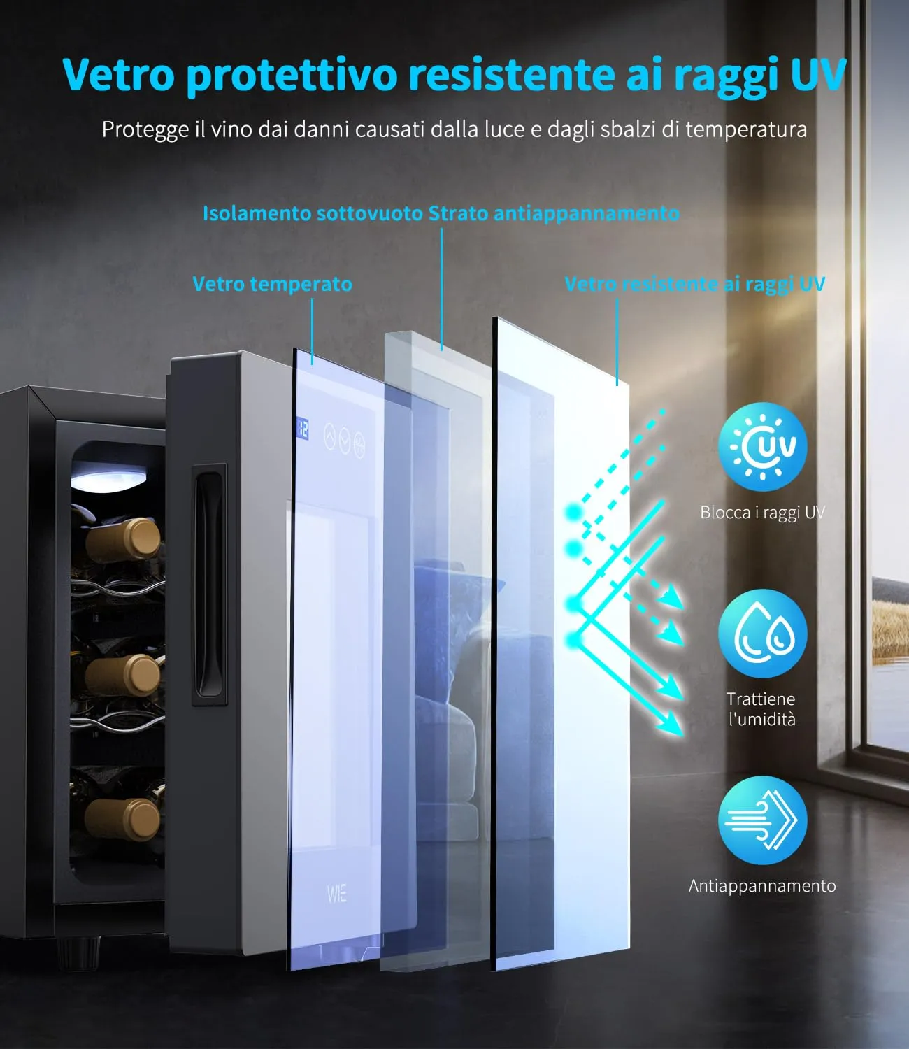 WIE Cantinetta Vino Piccola 6 Bottiglie - Mini Frigo con Porta in Vetro 5-18°C, Frigorifero per Vino con LED, Pannello Touch, 3 Livelli, <42 dB, per Casa, Bar, Camera - immagine 5