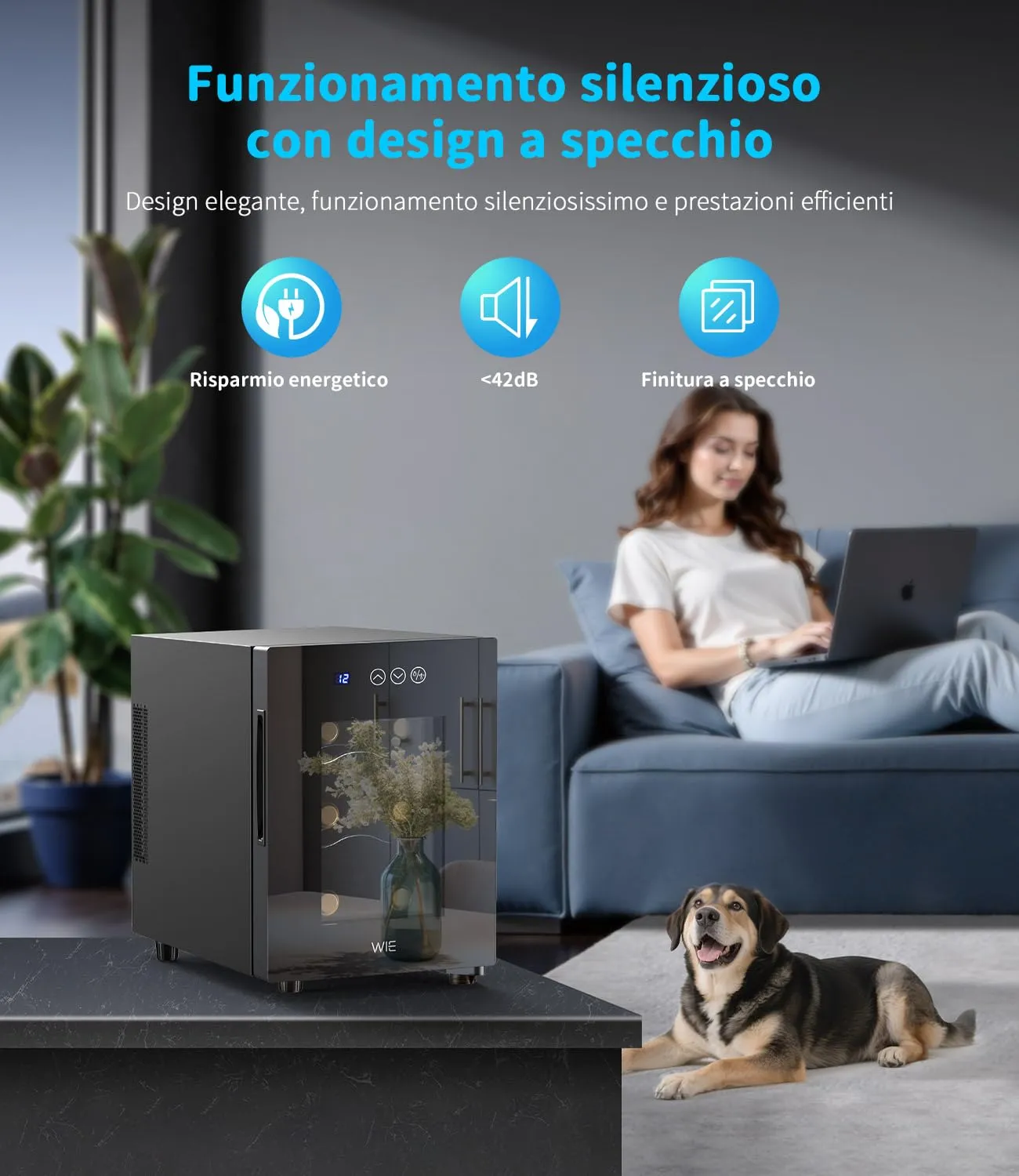 WIE Cantinetta Vino Piccola 6 Bottiglie - Mini Frigo con Porta in Vetro 5-18°C, Frigorifero per Vino con LED, Pannello Touch, 3 Livelli, <42 dB, per Casa, Bar, Camera - immagine 7