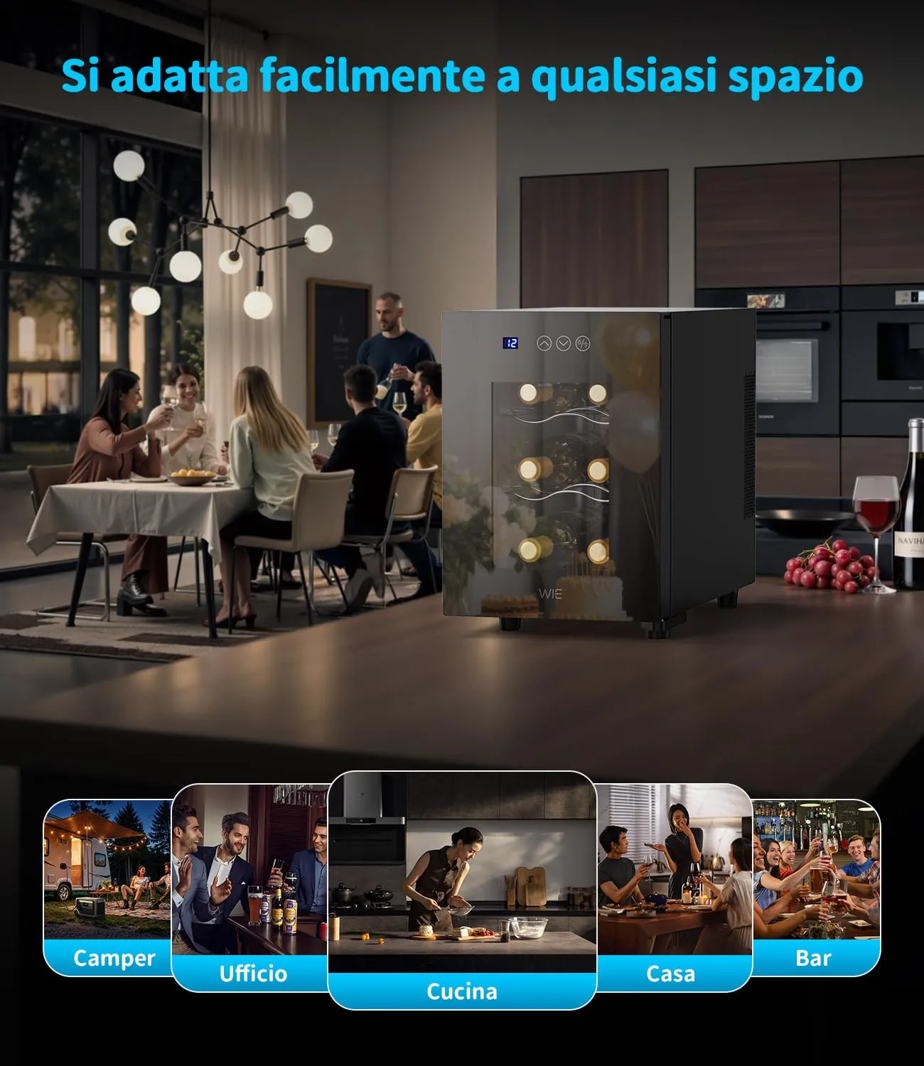 WIE Cantinetta Vino Piccola 6 Bottiglie - Mini Frigo con Porta in Vetro 5-18°C, Frigorifero per Vino con LED, Pannello Touch, 3 Livelli, <42 dB, per Casa, Bar, Camera - immagine 8