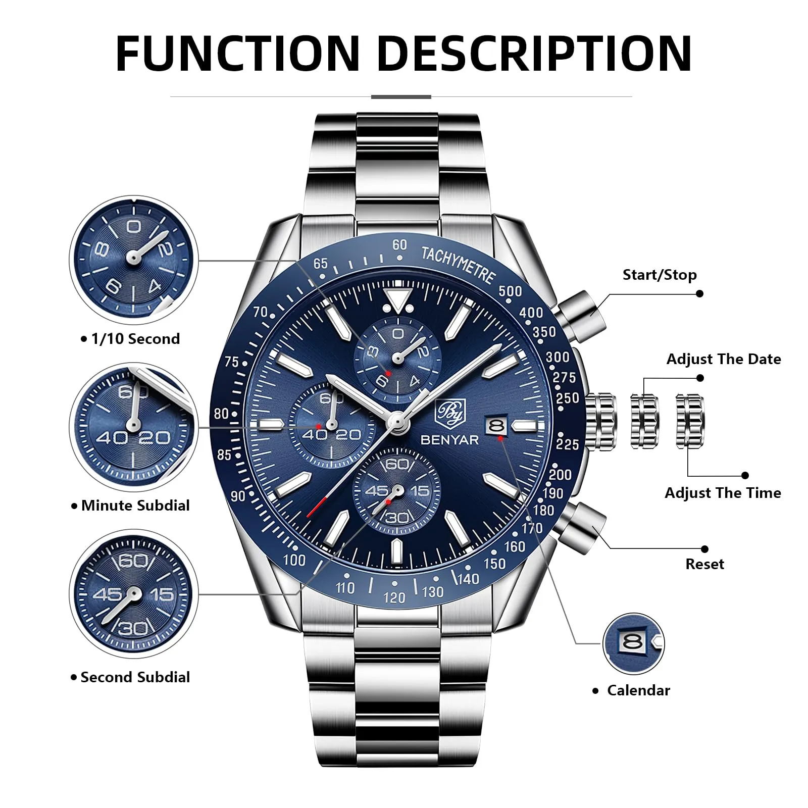 BY BENYAR Orologio da uomo analogico al quarzo, cronografo, impermeabile, per lavoro, casual, alla moda, classico, elegante, con calendario, cinturino in pelle/acciaio inox, idea regalo per uomo, Blu - immagine 5