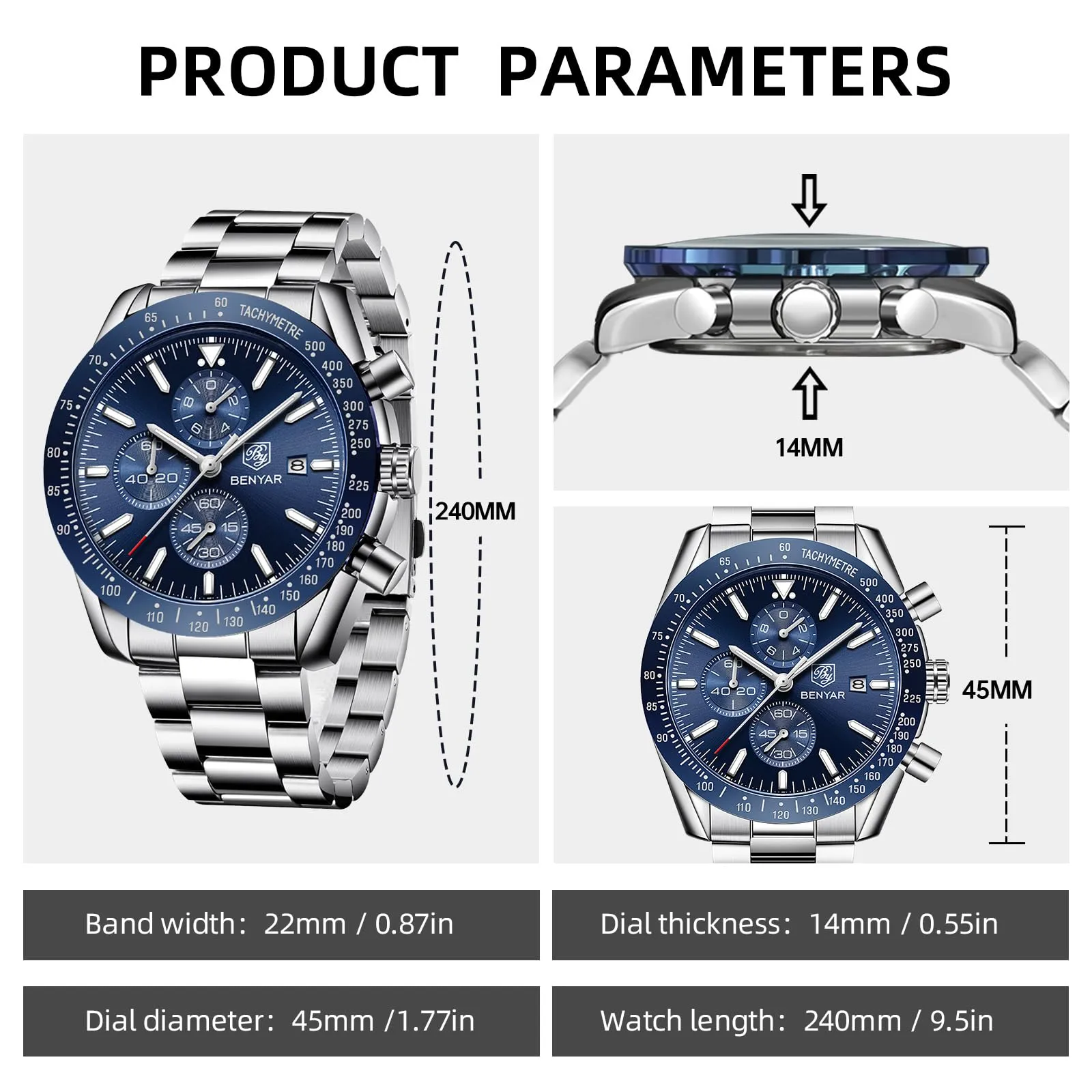 BY BENYAR Orologio da uomo analogico al quarzo, cronografo, impermeabile, per lavoro, casual, alla moda, classico, elegante, con calendario, cinturino in pelle/acciaio inox, idea regalo per uomo, Blu - immagine 6