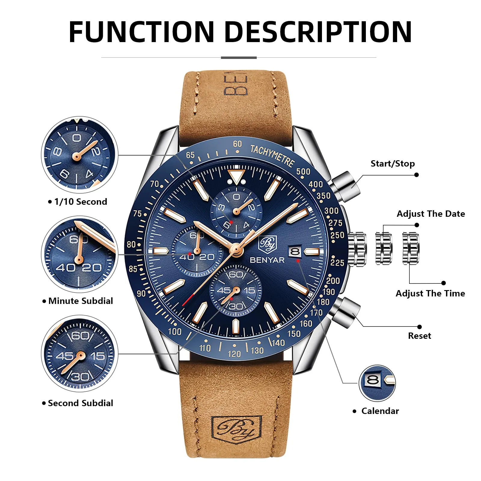 BY BENYAR Orologio da uomo analogico al quarzo, cronografo, impermeabile, per lavoro, casual, alla moda, classico, elegante, con calendario, cinturino in pelle/acciaio inox, idea regalo per uomo - immagine 6