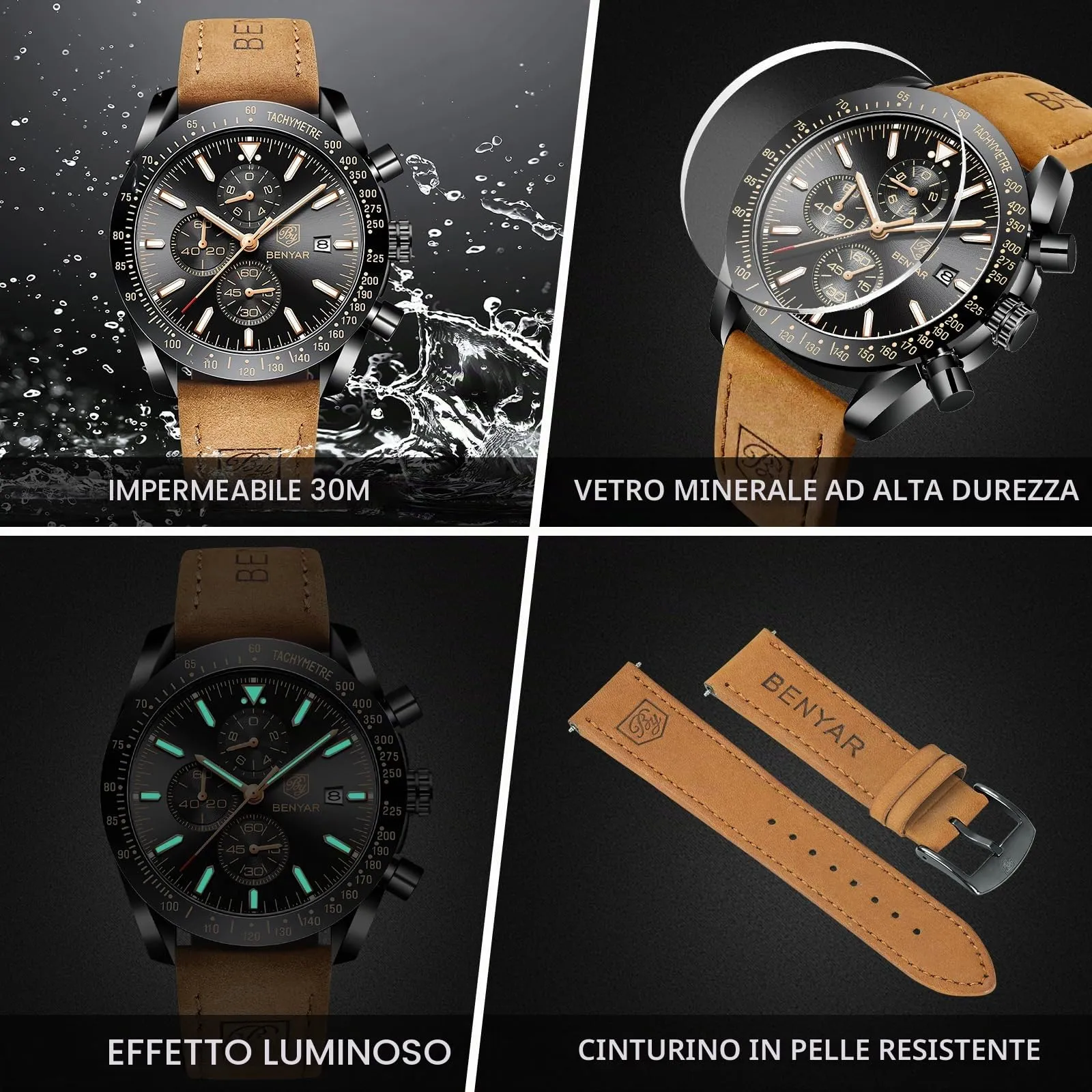 BY BENYAR Orologio Uomo Cronografo Analogico Impermeabile Luminoso Orologi da Polso Elegante Regalo per Uomo - immagine 4