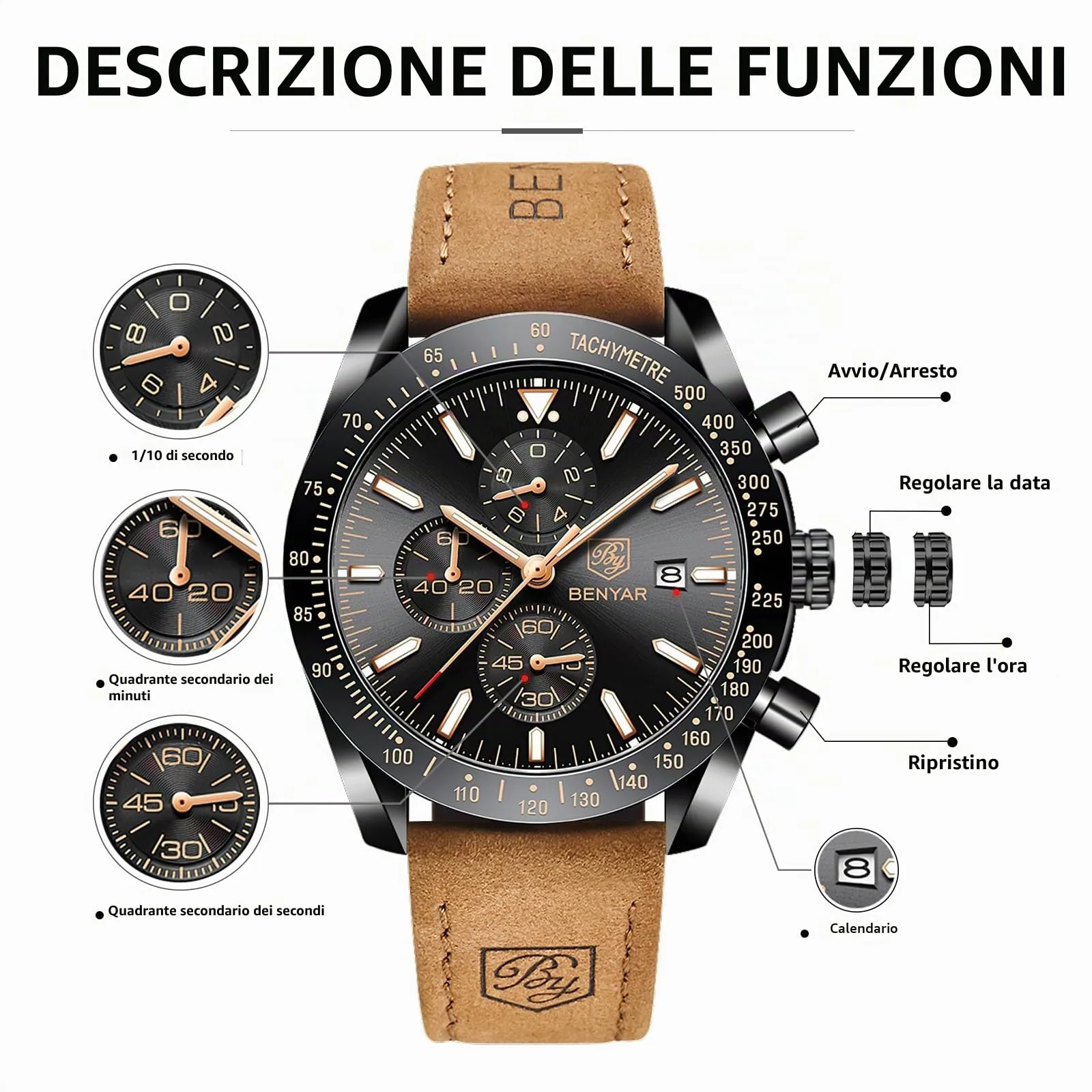 BY BENYAR Orologio Uomo Cronografo Analogico Impermeabile Luminoso Orologi da Polso Elegante Regalo per Uomo - immagine 5