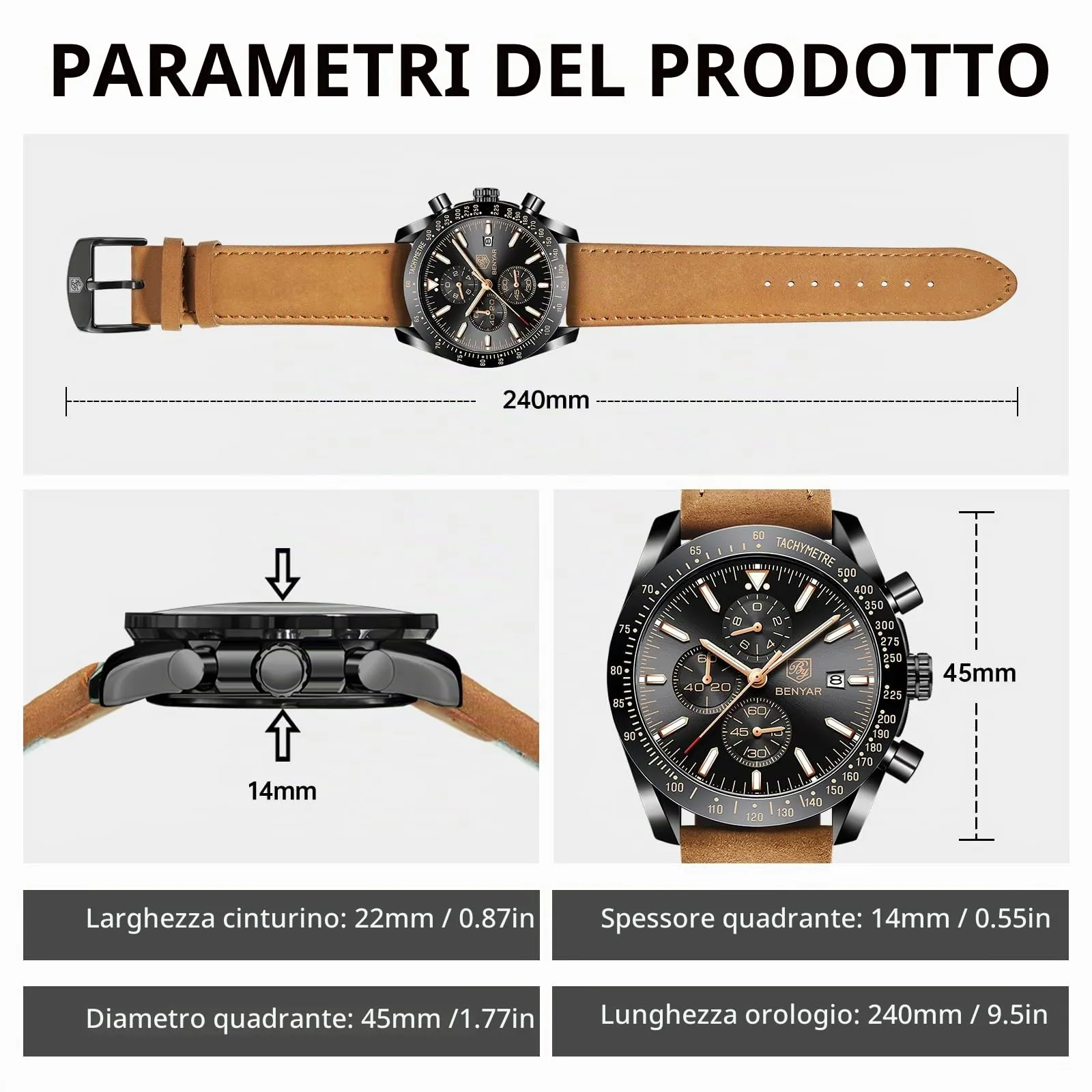BY BENYAR Orologio Uomo Cronografo Analogico Impermeabile Luminoso Orologi da Polso Elegante Regalo per Uomo - immagine 6