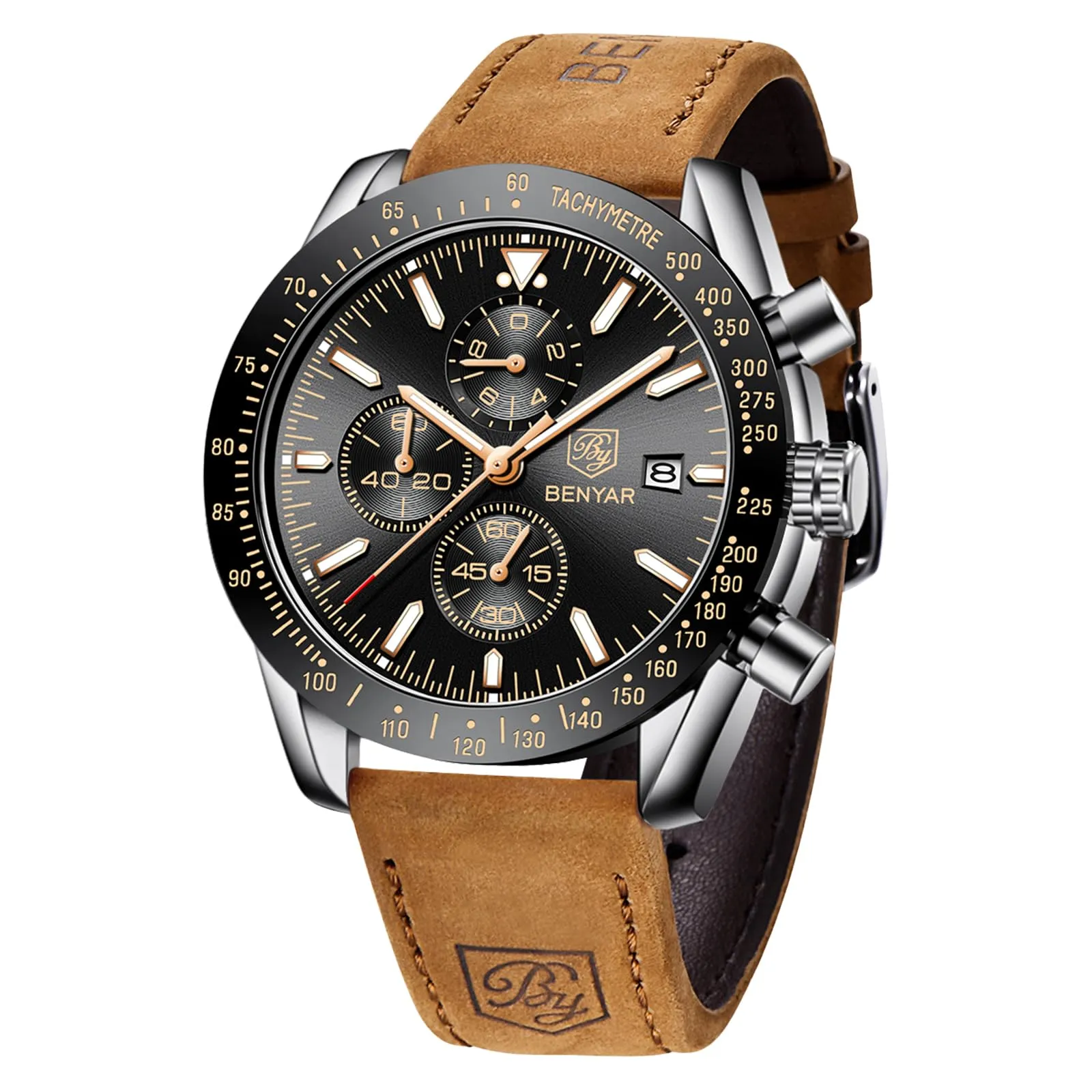 BY BENYAR Orologio Uomo Cronografo Analogico al Quarzo Impermeabile Luminoso Orologi Moda Sportivo Classico Elegante Orologio da Polso Cinturino Pelle Regalo per Uomo - immagine 1