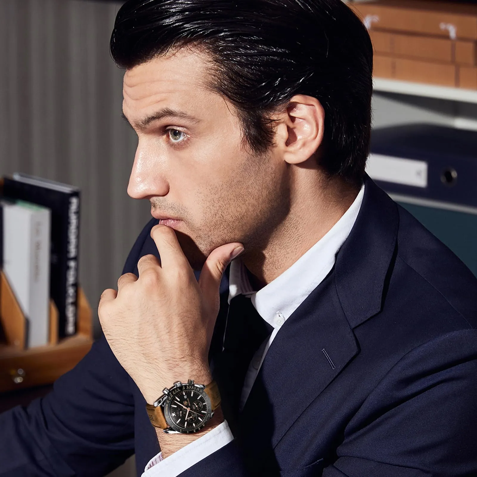 BY BENYAR Orologio Uomo Cronografo Analogico al Quarzo Impermeabile Luminoso Orologi Moda Sportivo Classico Elegante Orologio da Polso Cinturino Pelle Regalo per Uomo - immagine 2