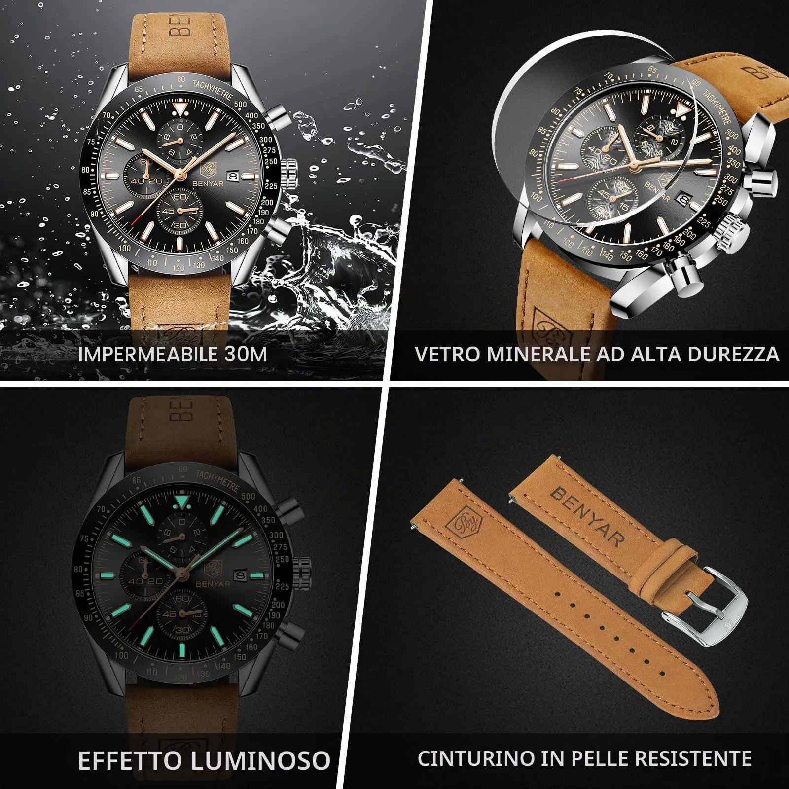 BY BENYAR Orologio Uomo Cronografo Analogico al Quarzo Impermeabile Luminoso Orologi Moda Sportivo Classico Elegante Orologio da Polso Cinturino Pelle Regalo per Uomo - immagine 4