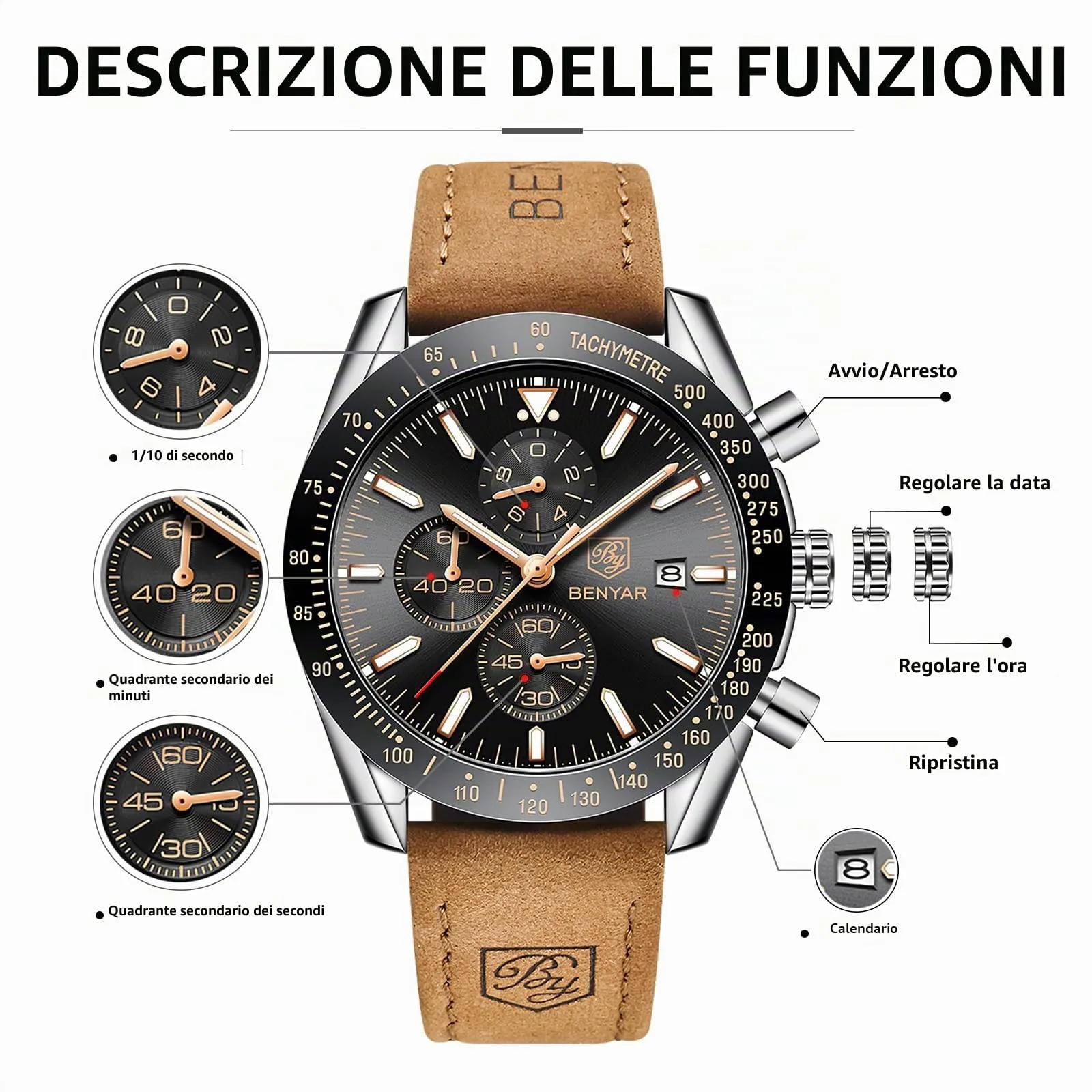 BY BENYAR Orologio Uomo Cronografo Analogico al Quarzo Impermeabile Luminoso Orologi Moda Sportivo Classico Elegante Orologio da Polso Cinturino Pelle Regalo per Uomo - immagine 5