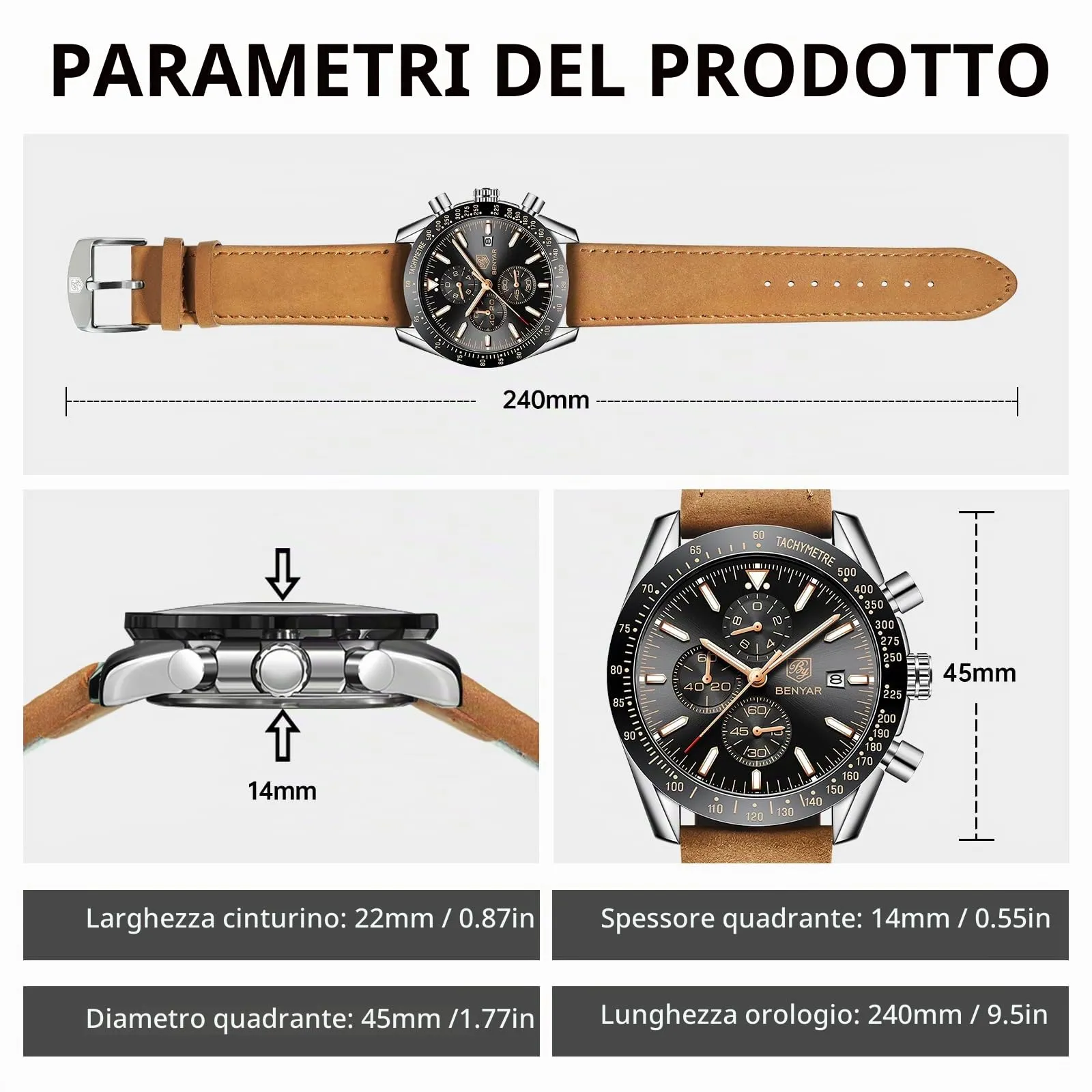 BY BENYAR Orologio Uomo Cronografo Analogico al Quarzo Impermeabile Luminoso Orologi Moda Sportivo Classico Elegante Orologio da Polso Cinturino Pelle Regalo per Uomo - immagine 6