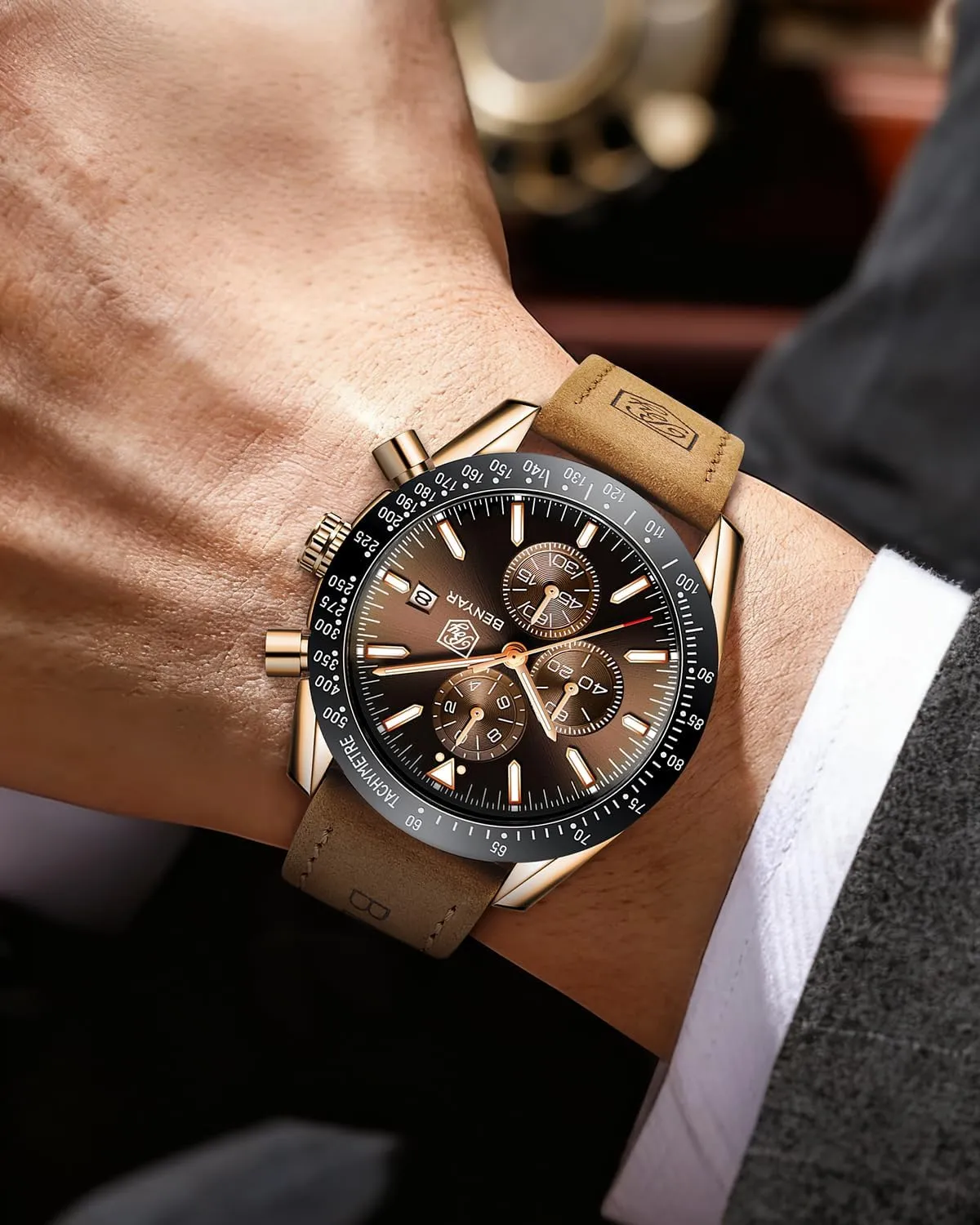 BY BENYAR Orologio Uomo Cronografo Analogico al Quarzo Impermeabile Luminoso Orologi Moda Sportivo Classico Elegante Orologio da Polso Cinturino Pelle Regalo per Uomo - immagine 3