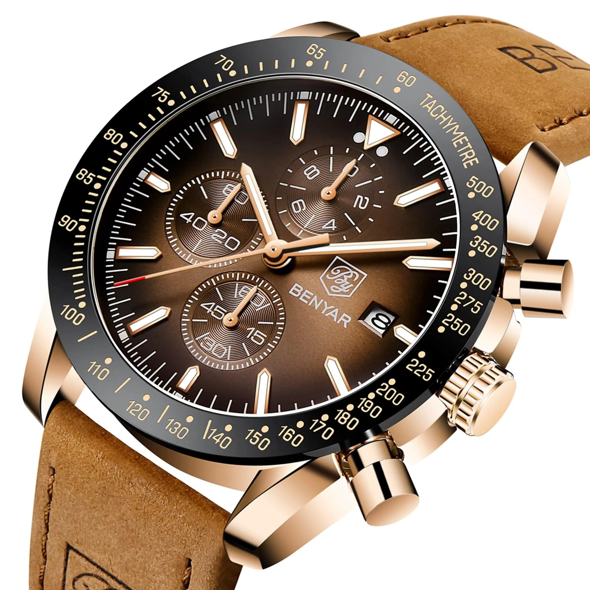 BY BENYAR Orologio Uomo Cronografo Analogico al Quarzo Impermeabile Luminoso Orologi Moda Sportivo Classico Elegante Orologio da Polso Cinturino Pelle Regalo per Uomo - immagine 8
