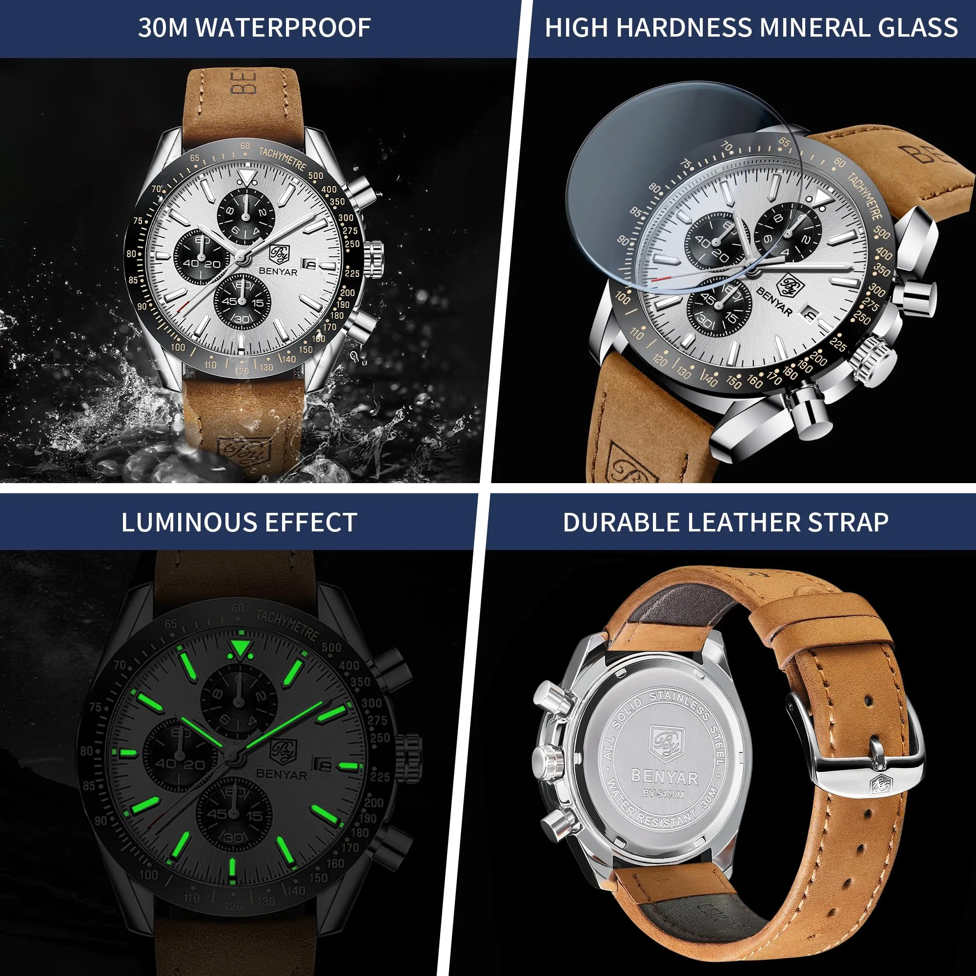 BENYAR BY Orologio Uomo Cronografo Analogico al Quarzo Impermeabile Luminoso Orologi Moda Sportivo Classico Elegante Orologio da Polso Cinturino Pelle Regalo per Uomo - immagine 5