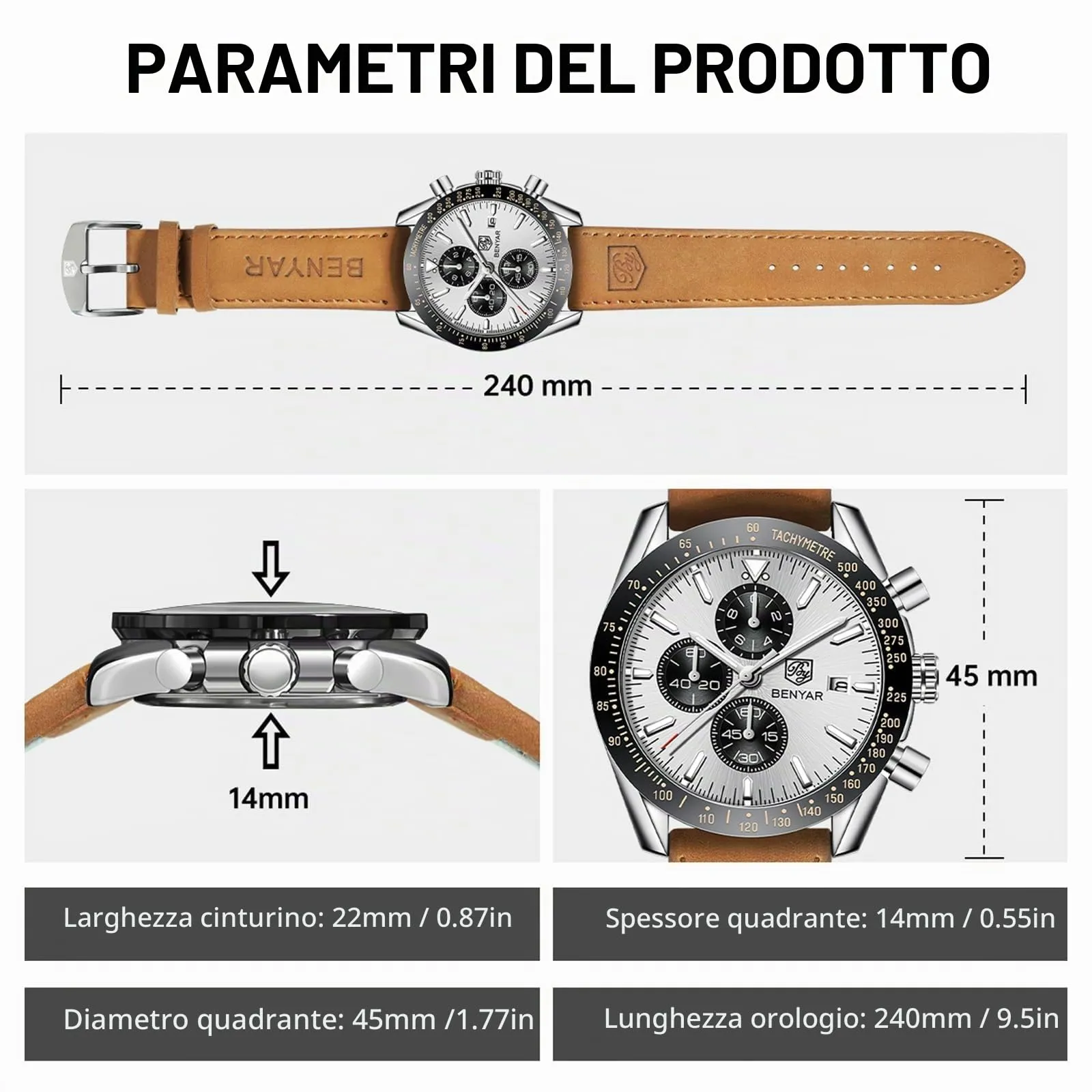 BENYAR BY Orologio Uomo Cronografo Analogico al Quarzo Impermeabile Luminoso Orologi Moda Sportivo Classico Elegante Orologio da Polso Cinturino Pelle Regalo per Uomo - immagine 6