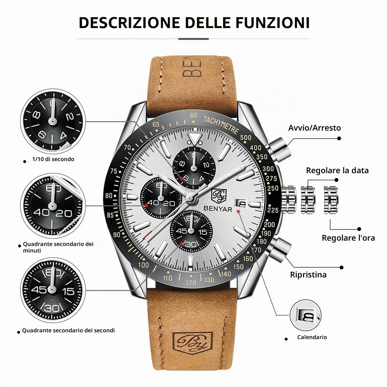 BENYAR BY Orologio Uomo Cronografo Analogico al Quarzo Impermeabile Luminoso Orologi Moda Sportivo Classico Elegante Orologio da Polso Cinturino Pelle Regalo per Uomo - immagine 7