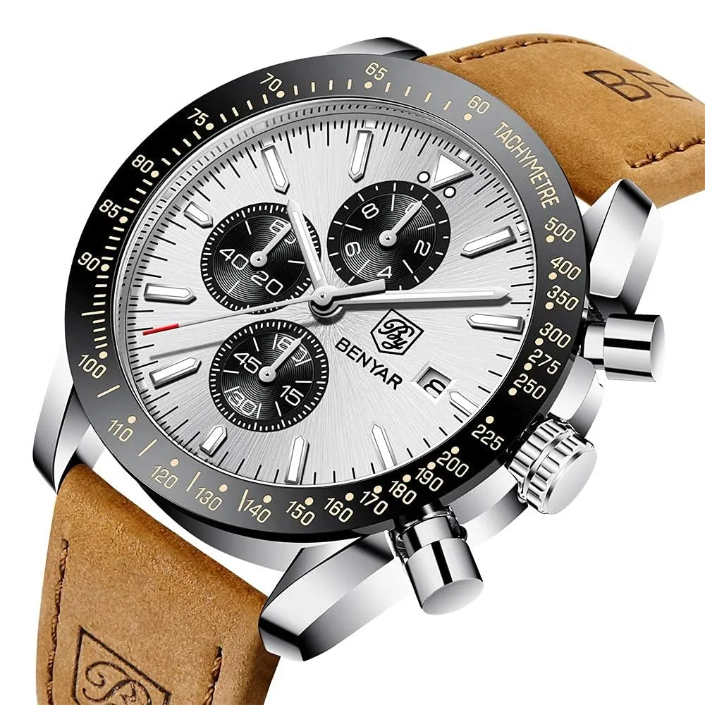 BENYAR BY Orologio Uomo Cronografo Analogico al Quarzo Impermeabile Luminoso Orologi Moda Sportivo Classico Elegante Orologio da Polso Cinturino Pelle Regalo per Uomo - immagine 8