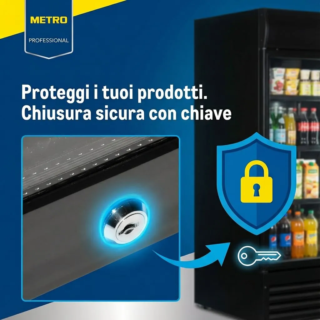 METRO Professional Frigorifero per Bevande GSC4240 con Porta in Vetro, 237 L, 110 W, 220-240 V, Illuminazione a LED, 6 Ripiani Regolabili, con Serratura - immagine 3