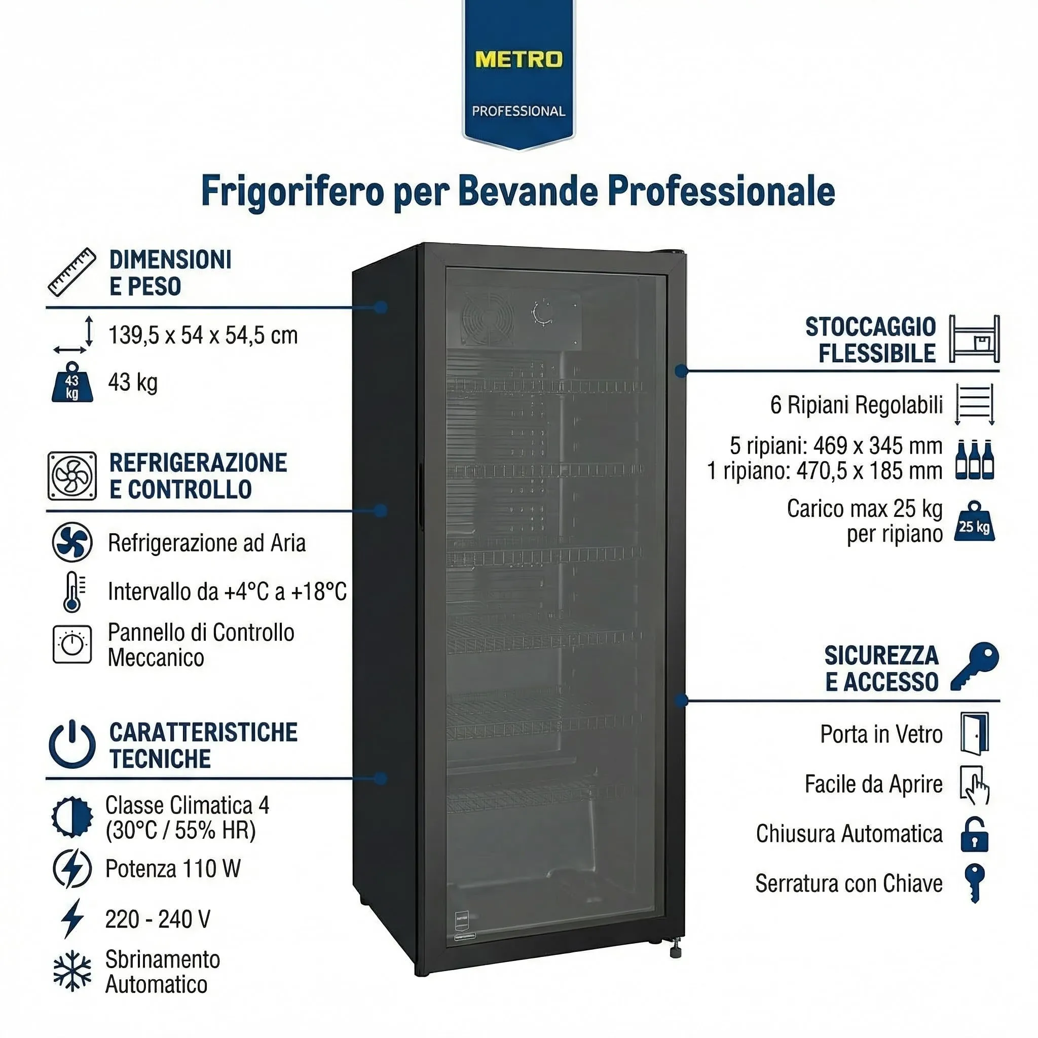 METRO Professional Frigorifero per Bevande GSC4240 con Porta in Vetro, 237 L, 110 W, 220-240 V, Illuminazione a LED, 6 Ripiani Regolabili, con Serratura - immagine 4