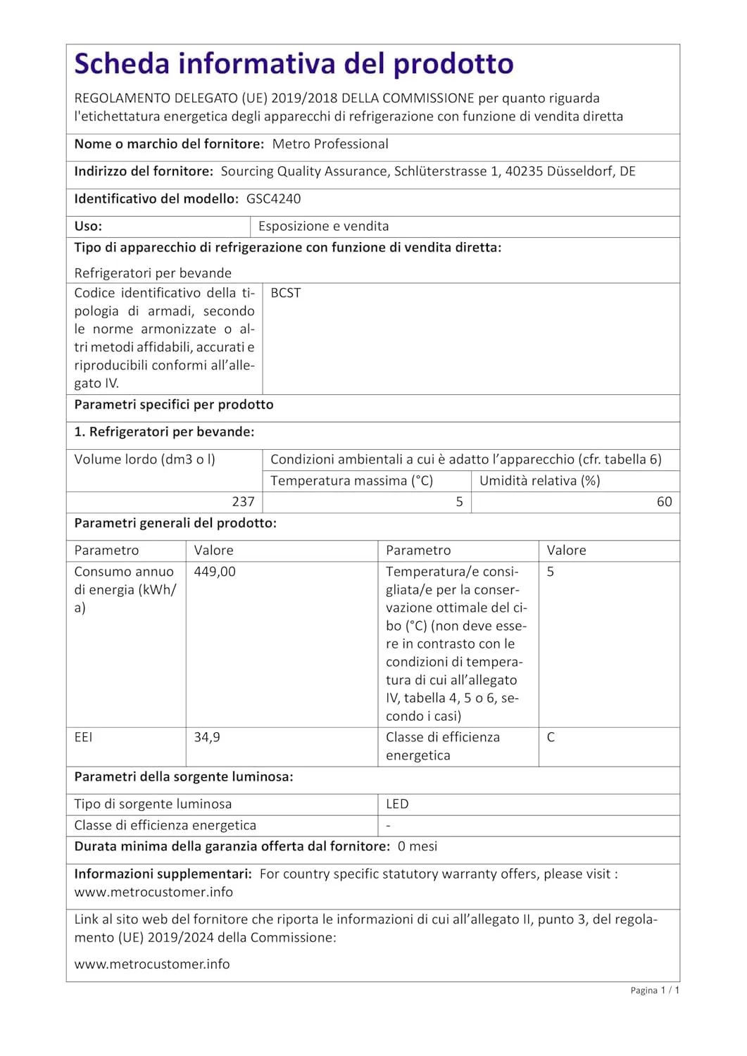METRO Professional Frigorifero per Bevande GSC4240 con Porta in Vetro, 237 L, 110 W, 220-240 V, Illuminazione a LED, 6 Ripiani Regolabili, con Serratura - immagine 14