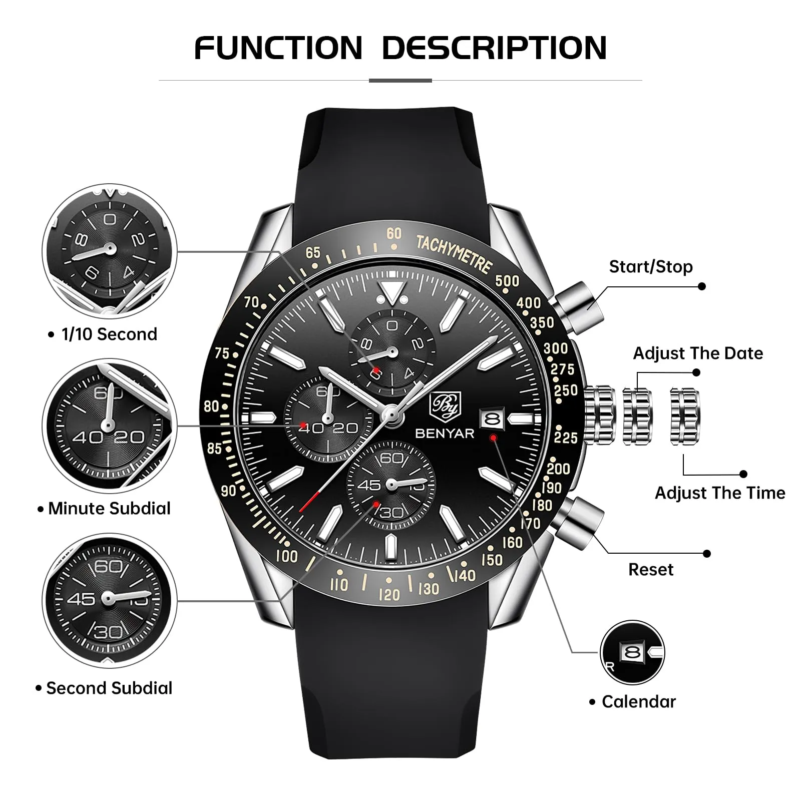 BENYAR BY Orologio Uomo Cronografo Analogico al Quarzo Impermeabile Luminoso Orologi Moda Sportivo Regalo per Uomo - immagine 6
