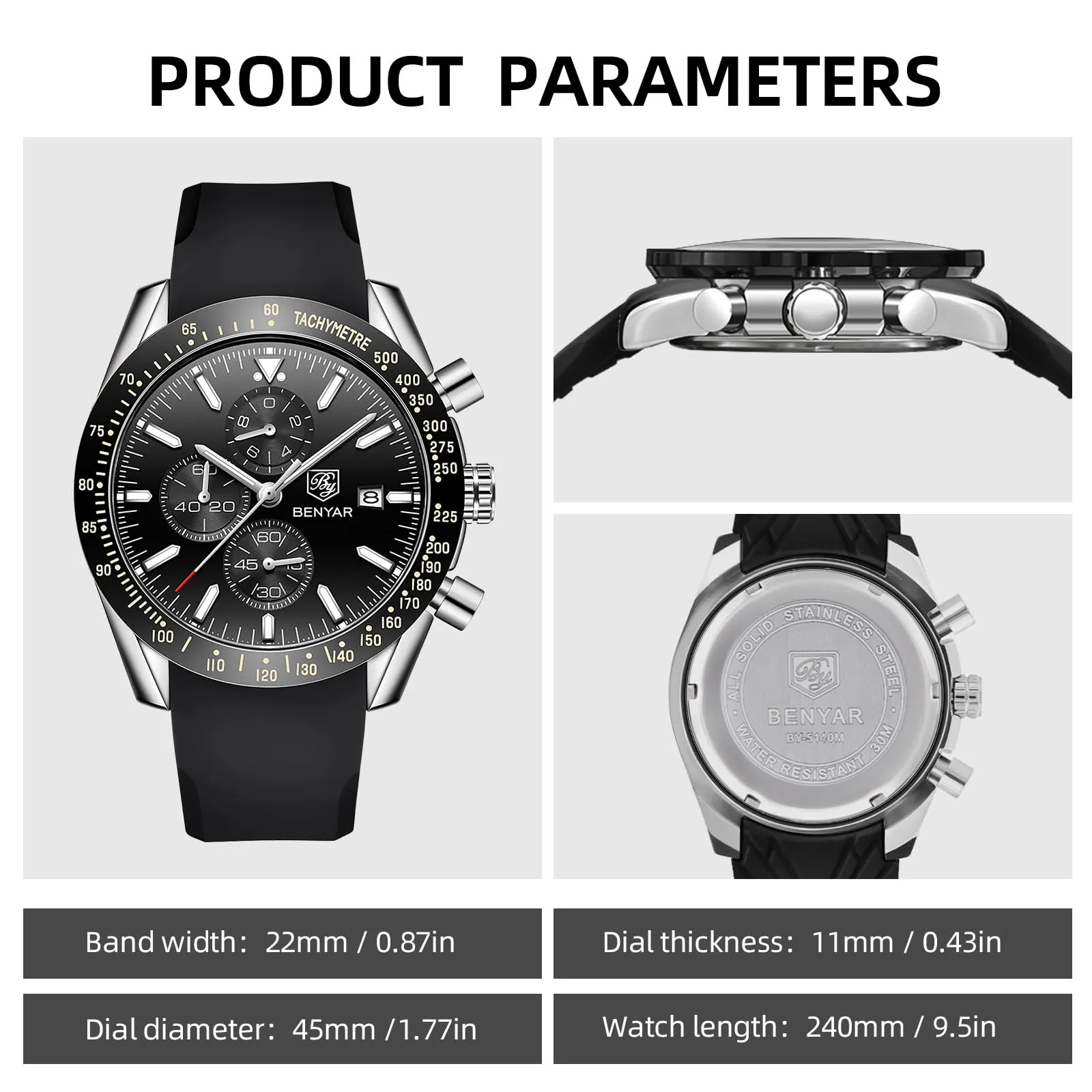 BENYAR BY Orologio Uomo Cronografo Analogico al Quarzo Impermeabile Luminoso Orologi Moda Sportivo Regalo per Uomo - immagine 7