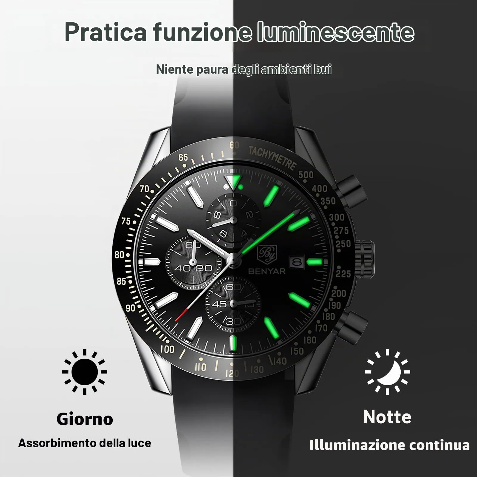 BENYAR BY Orologio Uomo Cronografo Analogico al Quarzo Impermeabile Luminoso Orologi Moda Sportivo Regalo per Uomo - immagine 8
