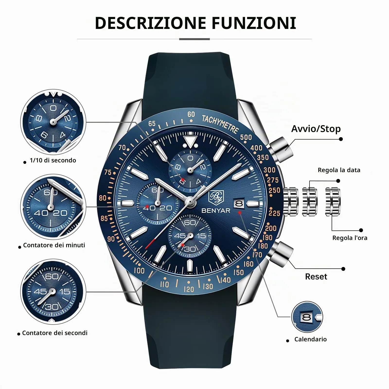 BENYAR BY Orologio Uomo Cronografo Analogico al Quarzo Impermeabile Luminoso Orologi Moda Sportivo Regalo per Uomo - immagine 5
